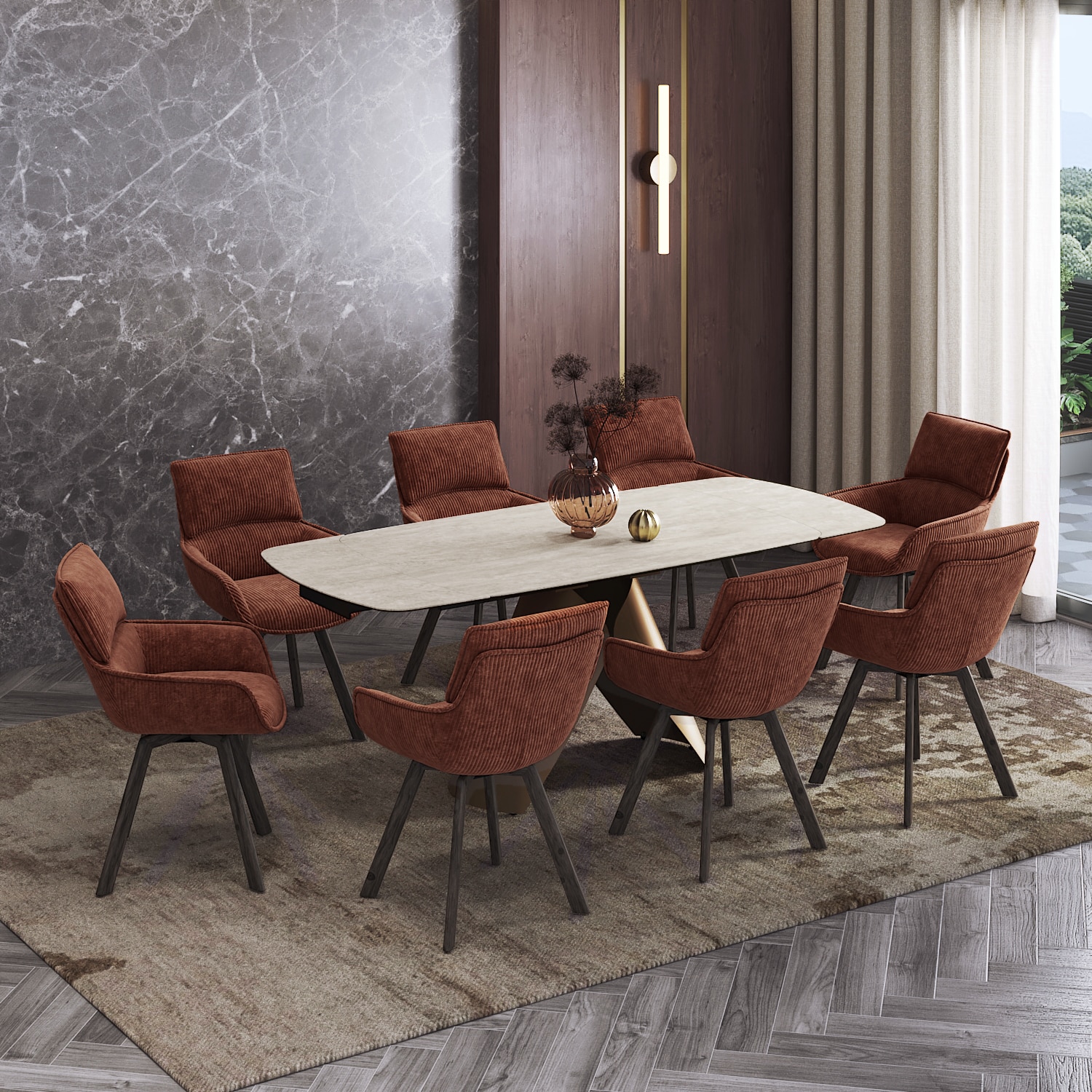 Aeris 6 To 8 Seater Extendable Dining Table With 6 Bren Chairs (Finish : Rome Travertine, Chair Colour : Auburn Colour) - Urban Ladder