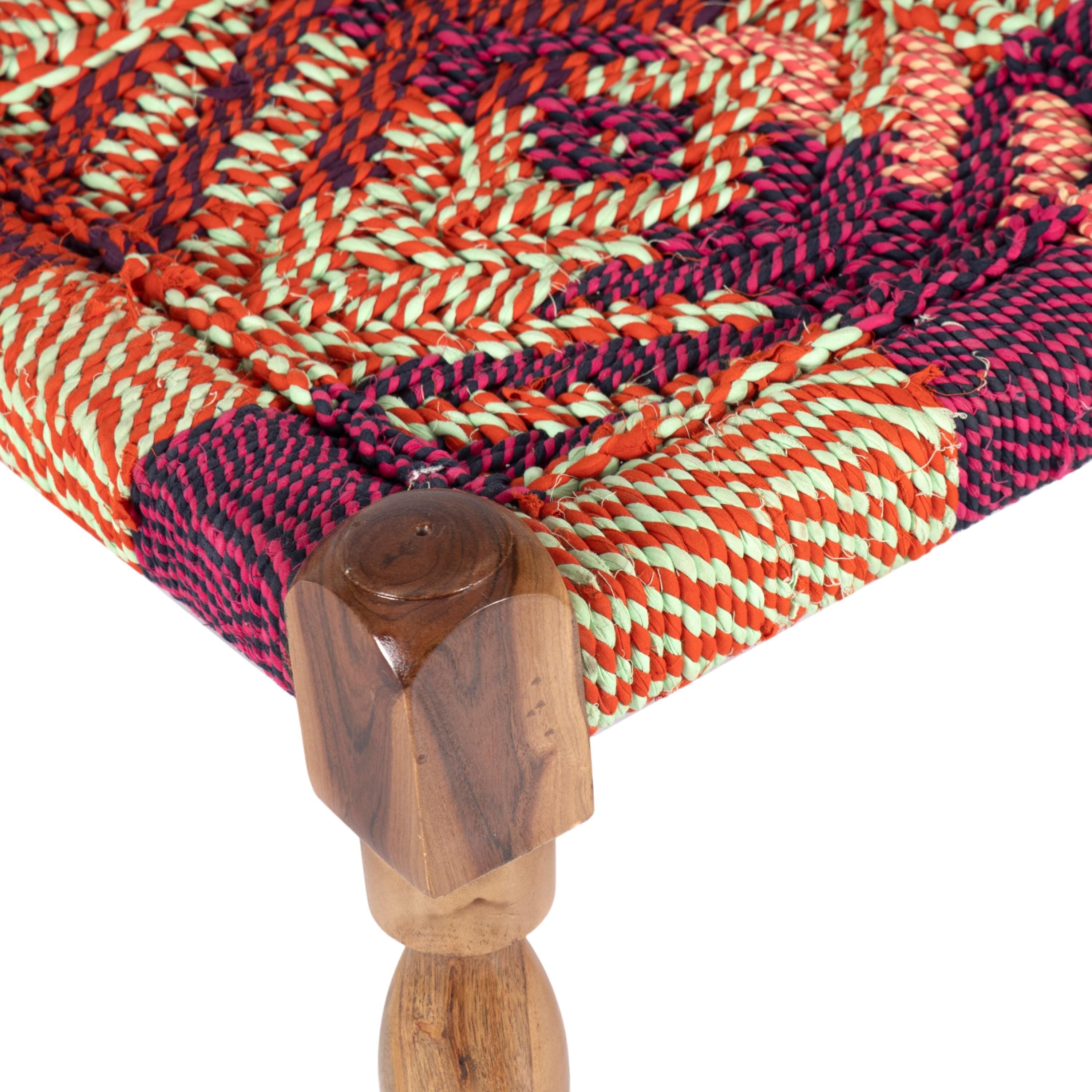 Riaza Sheesham Wood Maachi Stool in Assorted Multi-Colour Chindi Rope Canning