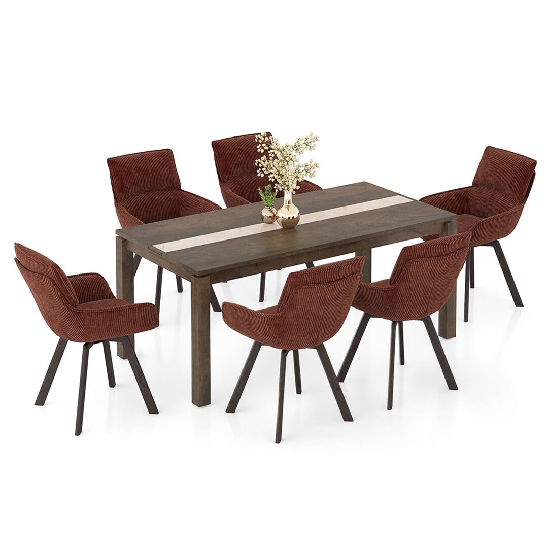 Atlas Crest Solid Wood 6 Seater Dining Table With Bren Swivel Dining Chairs