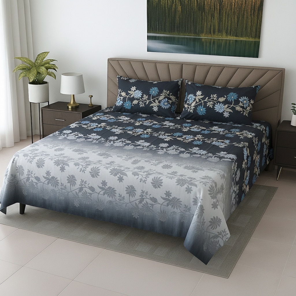 Grey Floral 400 TC Cotton Flat Super King Size Bedsheet With 2 Pilllow Covers From Threads - Threads