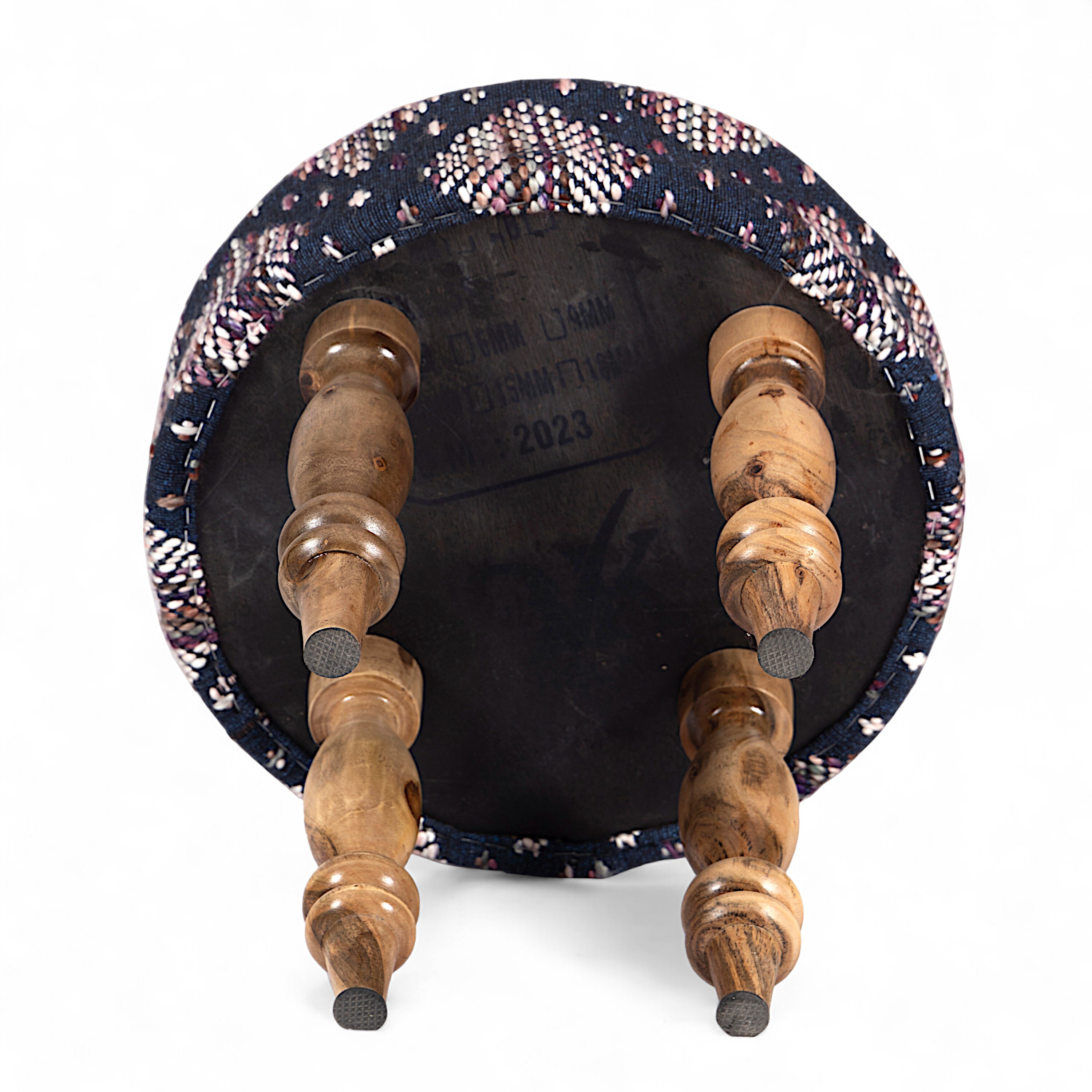 Roswell Sheesham Wood Parisian Round Stool in Blue Jacquard Work Fabric Upholstery