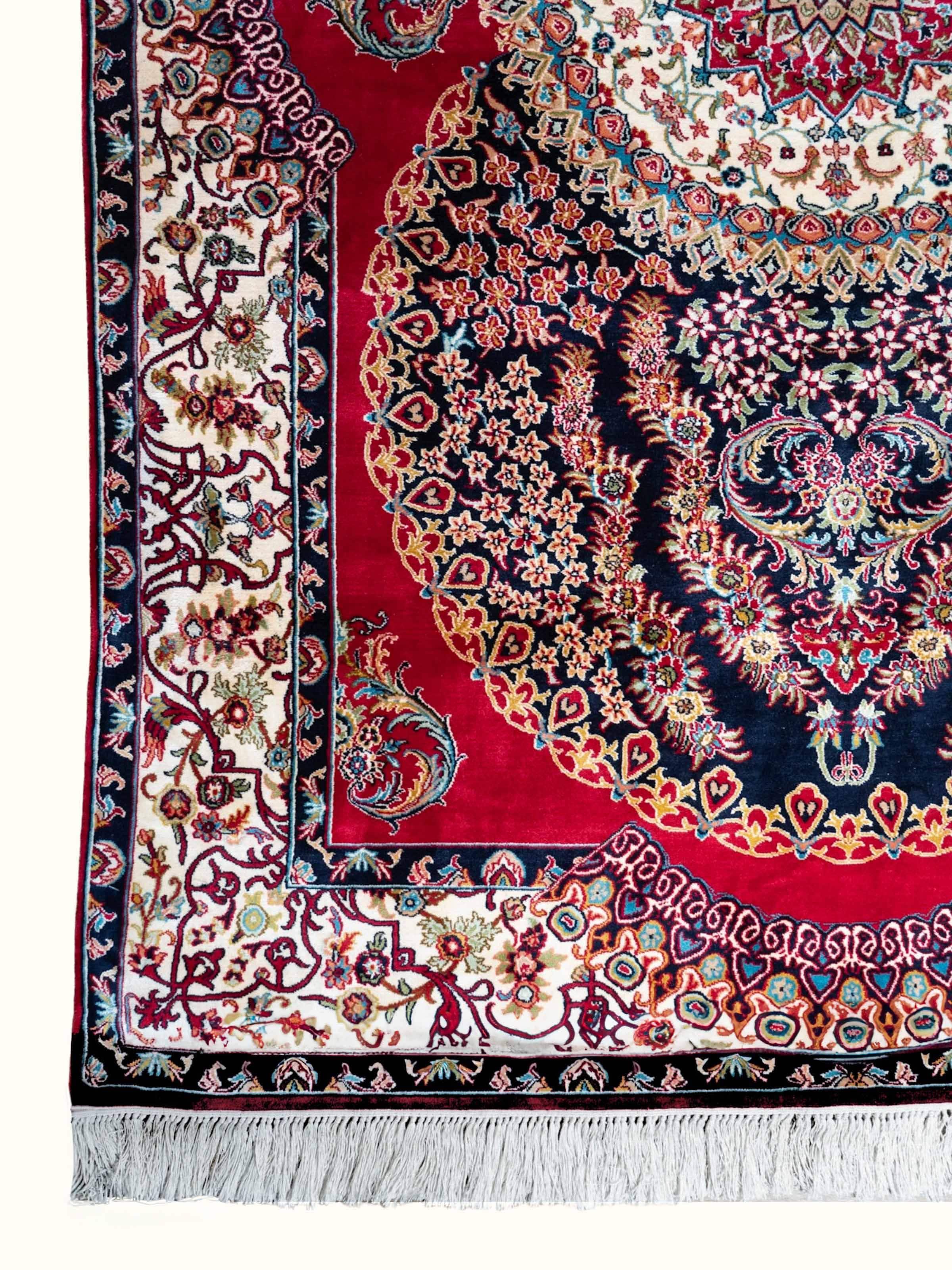 Traditional Persian Red Ishfahan Kashmir Silk Hand-Knotted Carpet