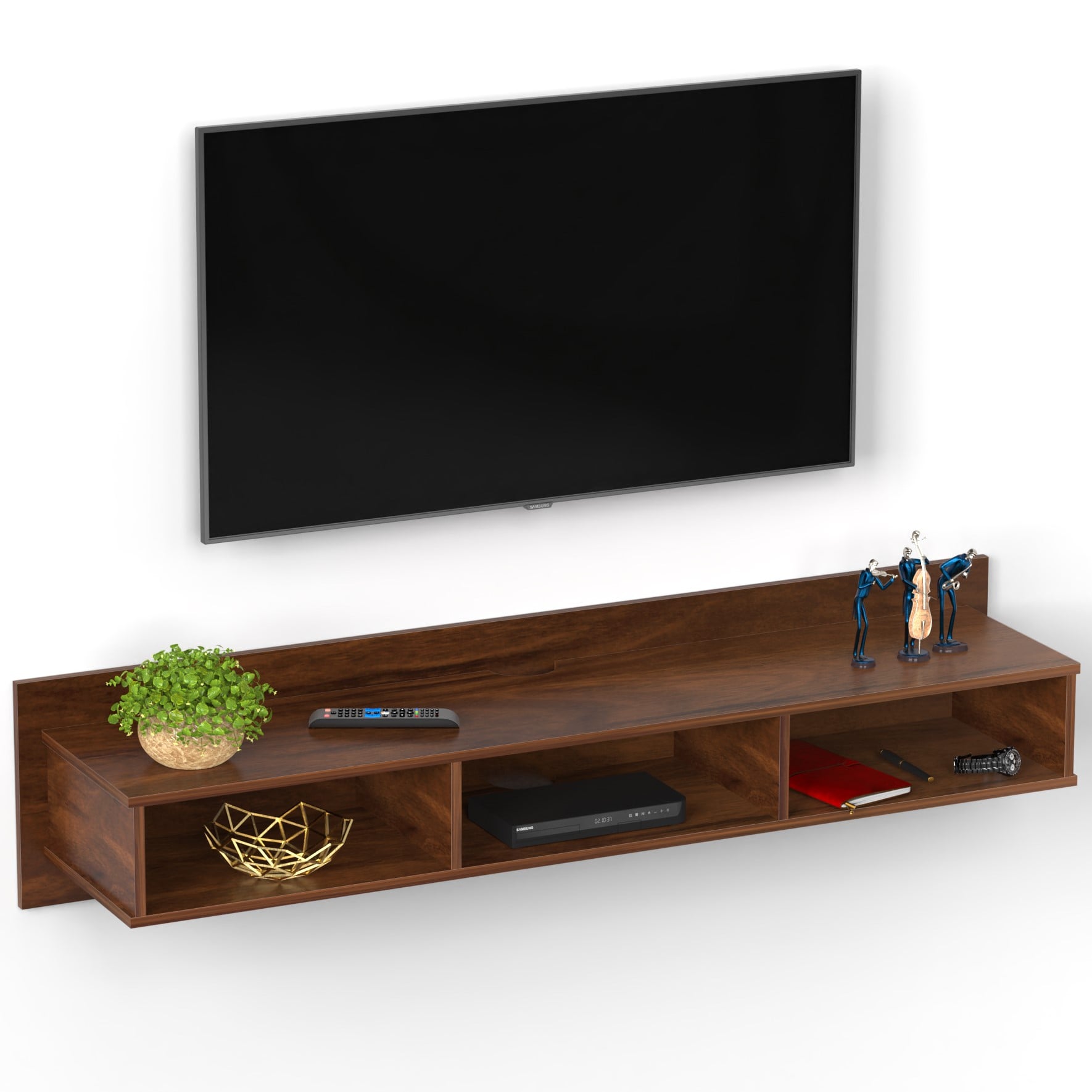 BLUEWUD Coober Engineering Wood Wall Mount TV Entertainment Unit Set Top Box Stand/TV Cabinet Panel with Shelves for Books & D�cor Display Unit Large Upto 50 Inches (Brown Maple)