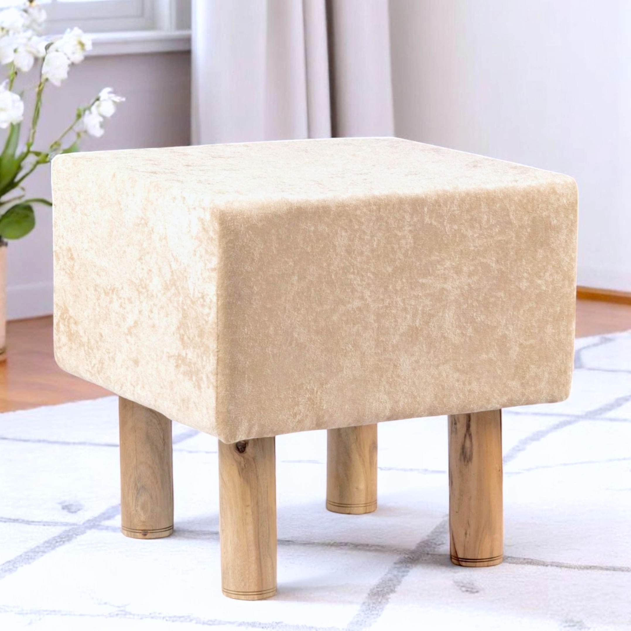 Verona Solid Wood Pouf Stool in Ivory Sparkle Velvet Fabric