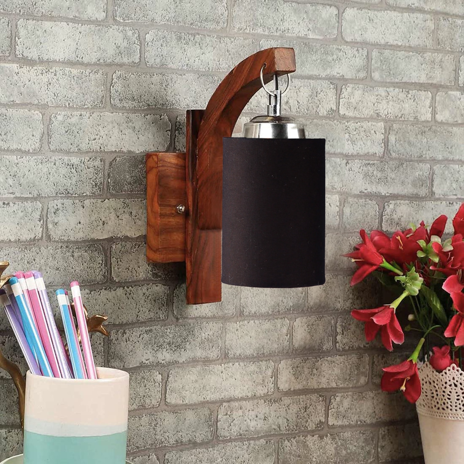 Devansh Solid Wood Electric Wall Light in Brown Colour with Black Shade Count of 1 Light - Devansh