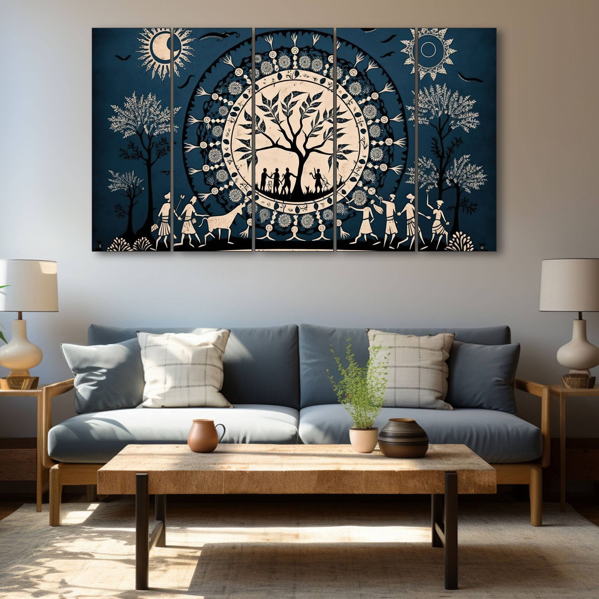 The Castle Decor Warli Art Wall Painting Wooden Framed 27x48 Inch (Style 2) - The Castle Decor