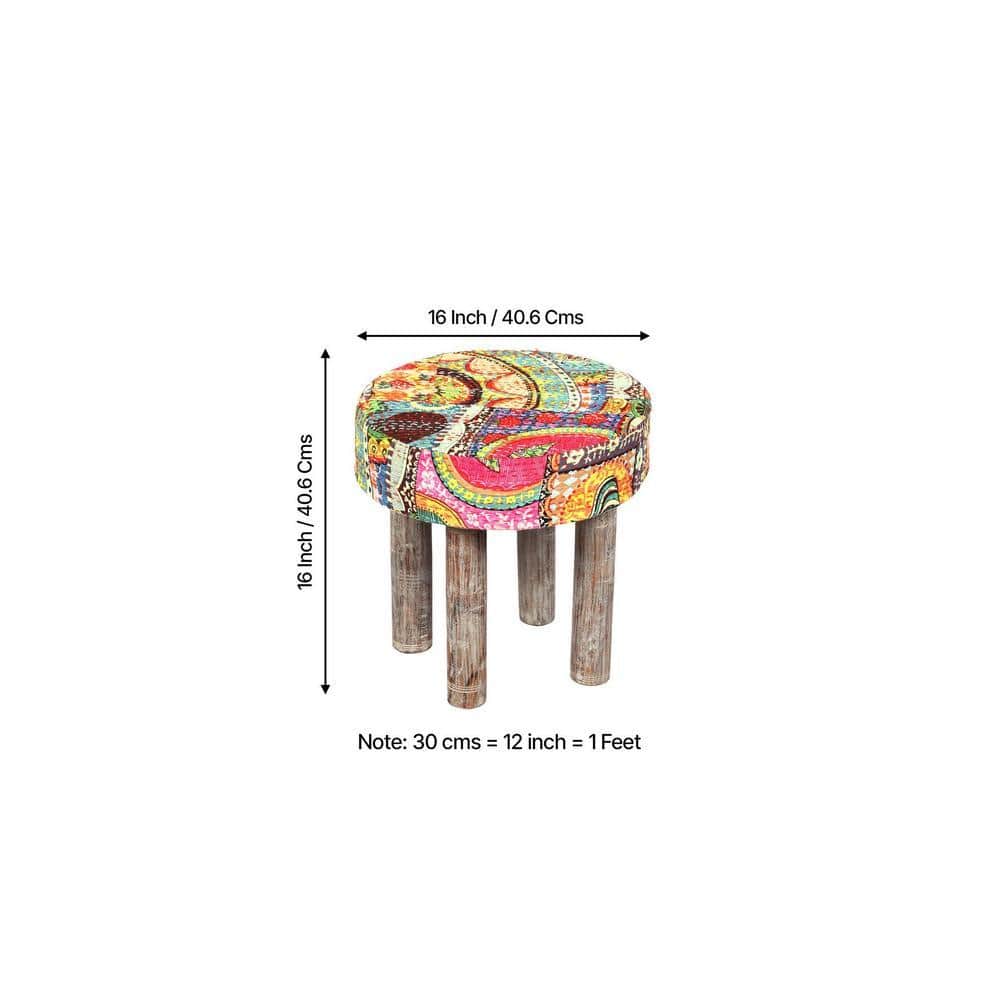 Asteria Solid Wood 2 Seater Bench Set With 2 Stools In Multi Colour Israel Print Kantha Fabric
