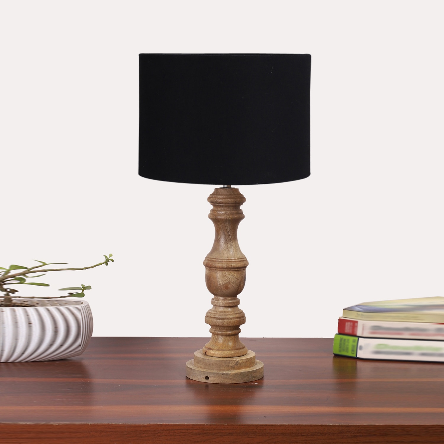 Devansh Black Cotton Table Lamp With  Wood Natural Base (7X17.5 Inches)-3