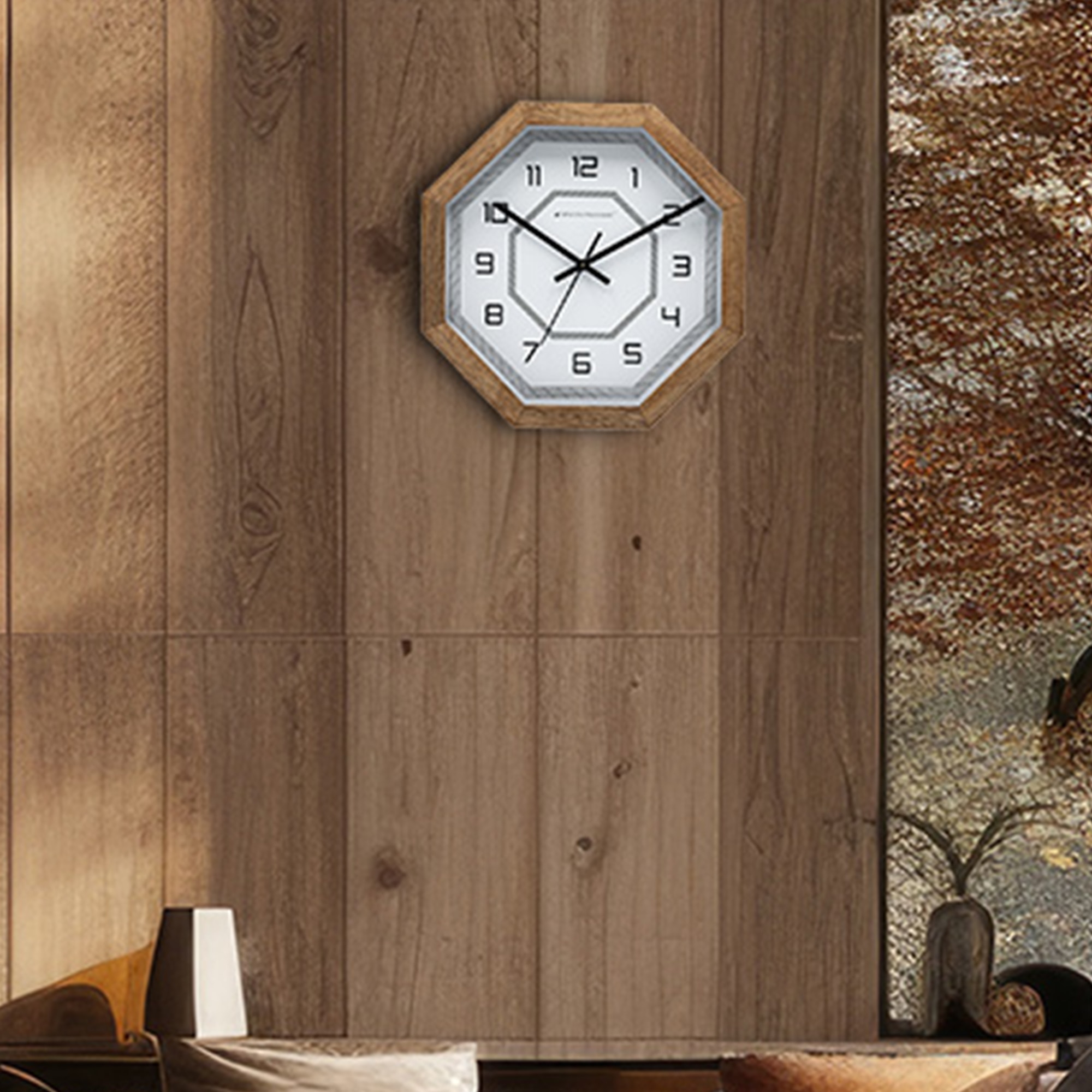 Octagonal Wooden Wall Clock with Sharp Black Indices