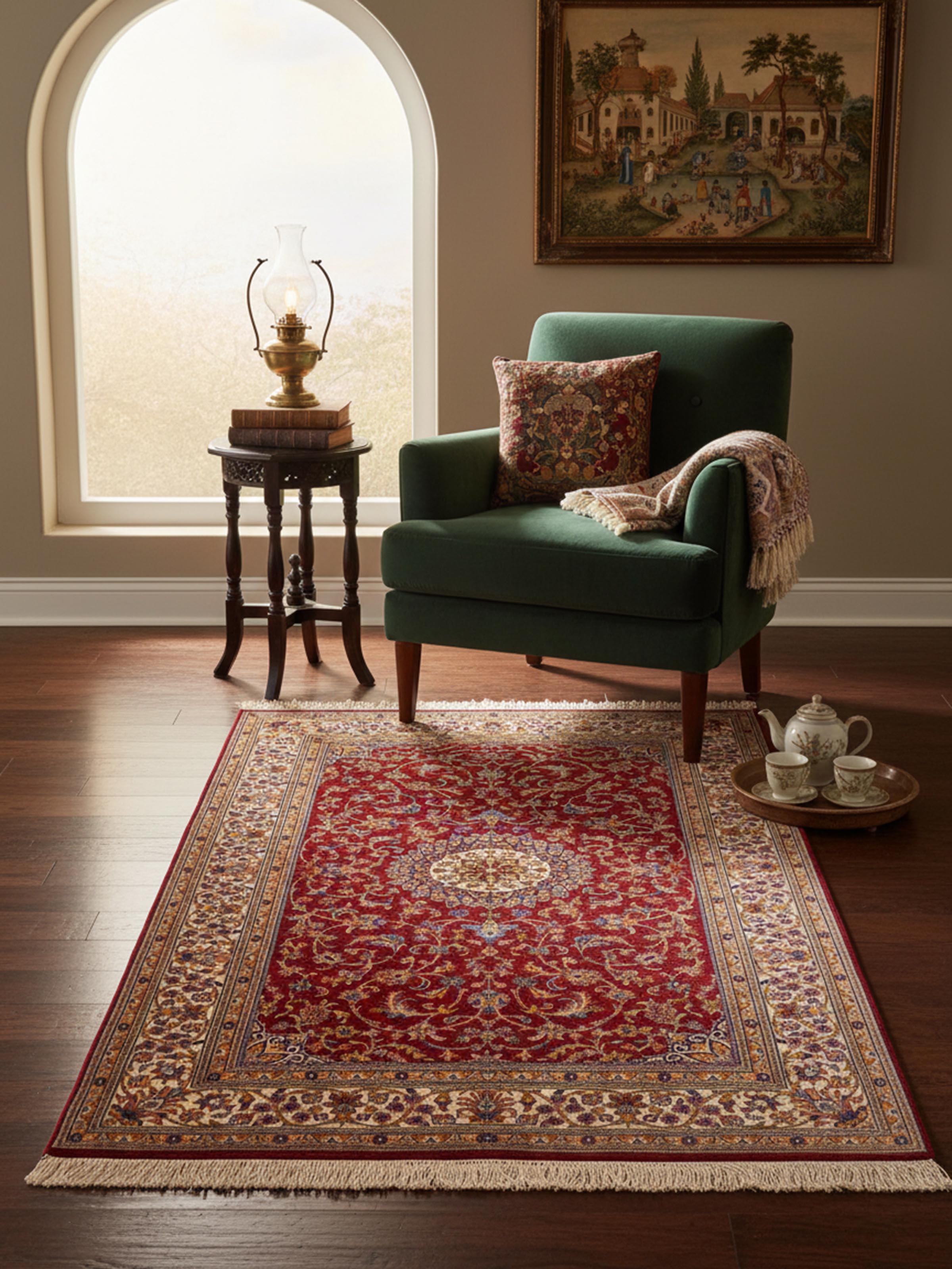Traditional Persian red Kashan Kashmir silk hand-knotted carpet with intricate floral design, lifestyle view