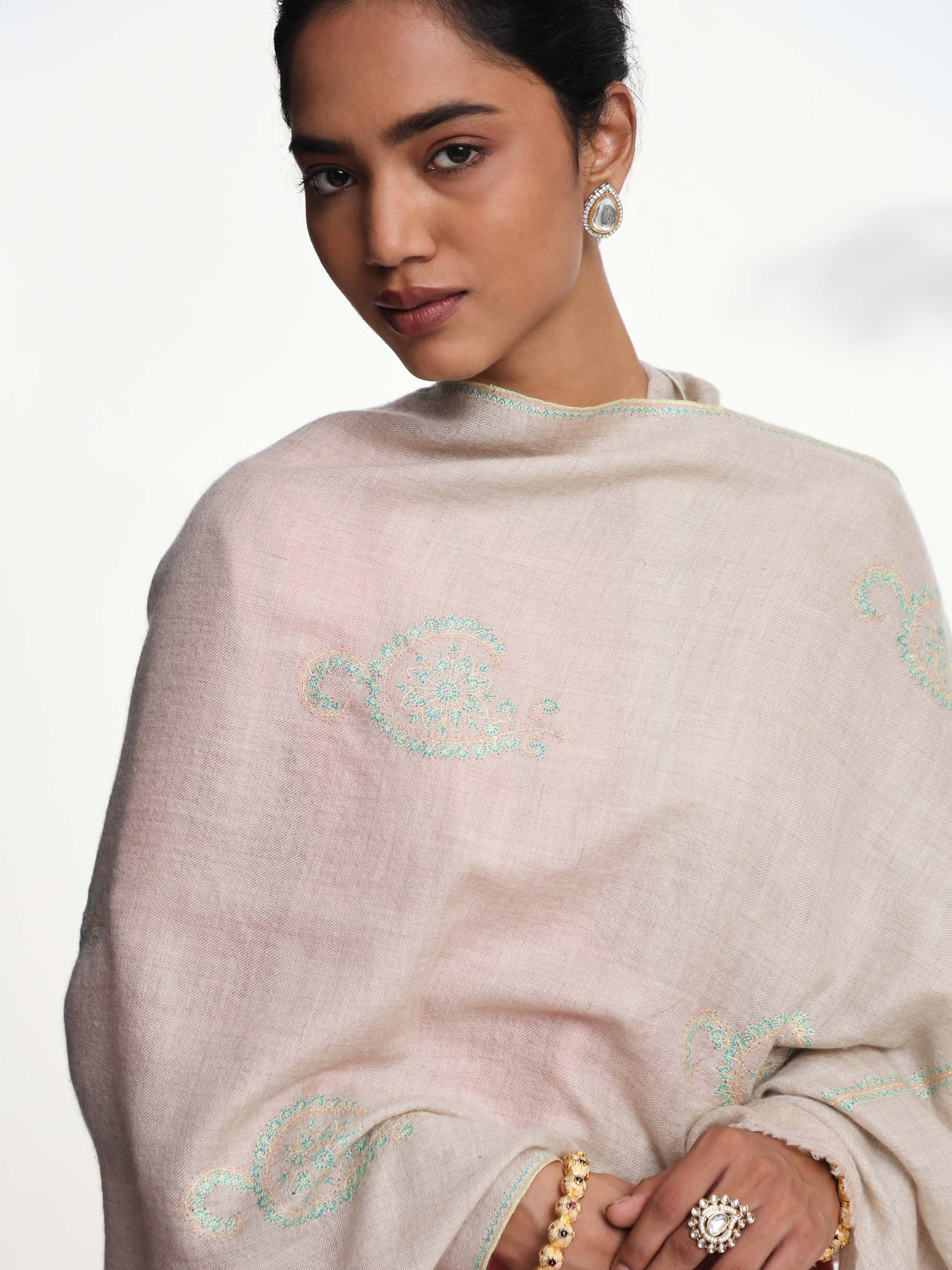 Beige Jalidar Sozni Embroidered Stole