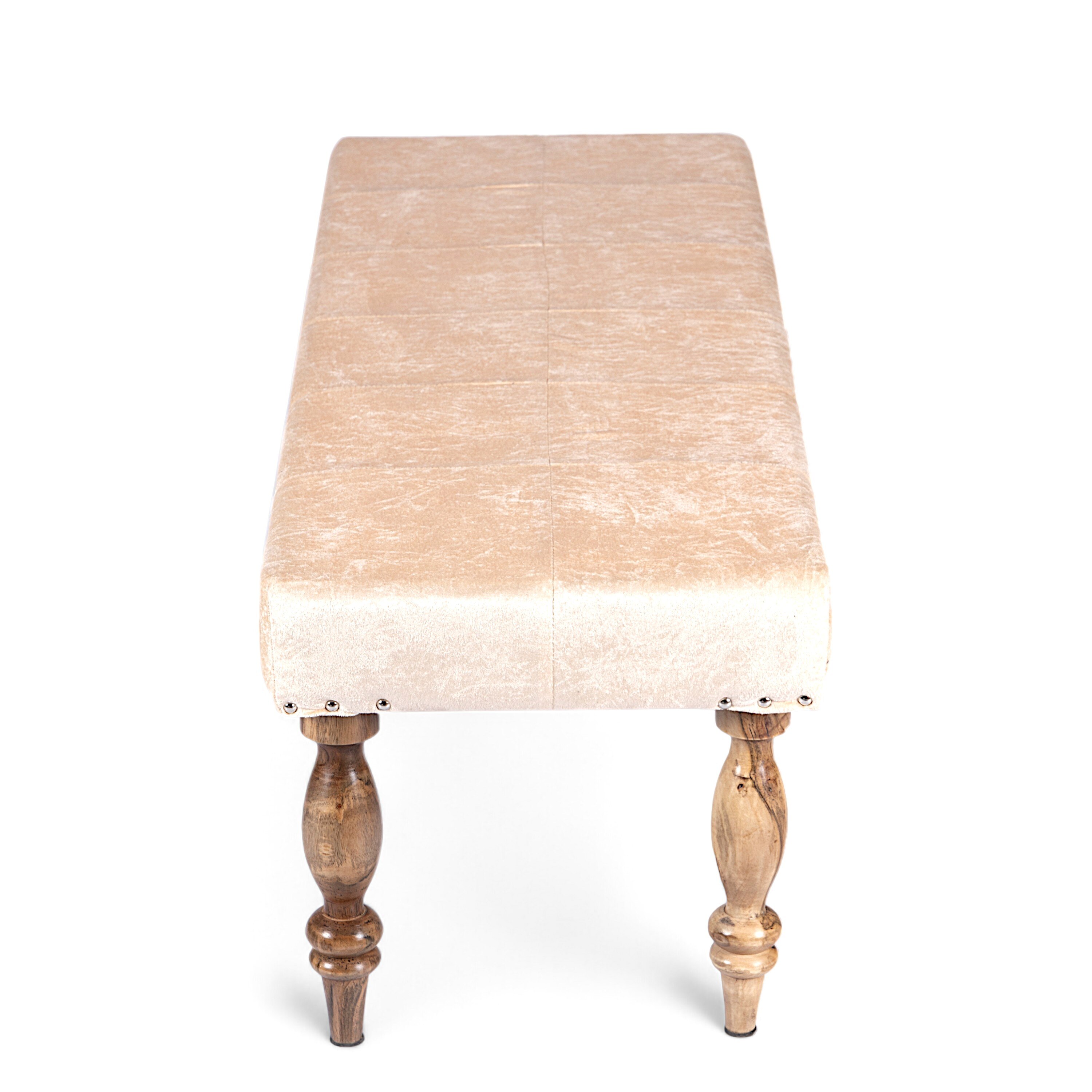 Cairo Sheesham Wood Accent 3+1+1 Seater Bench Set With 2 Stools In Beige Sparkle Velvet