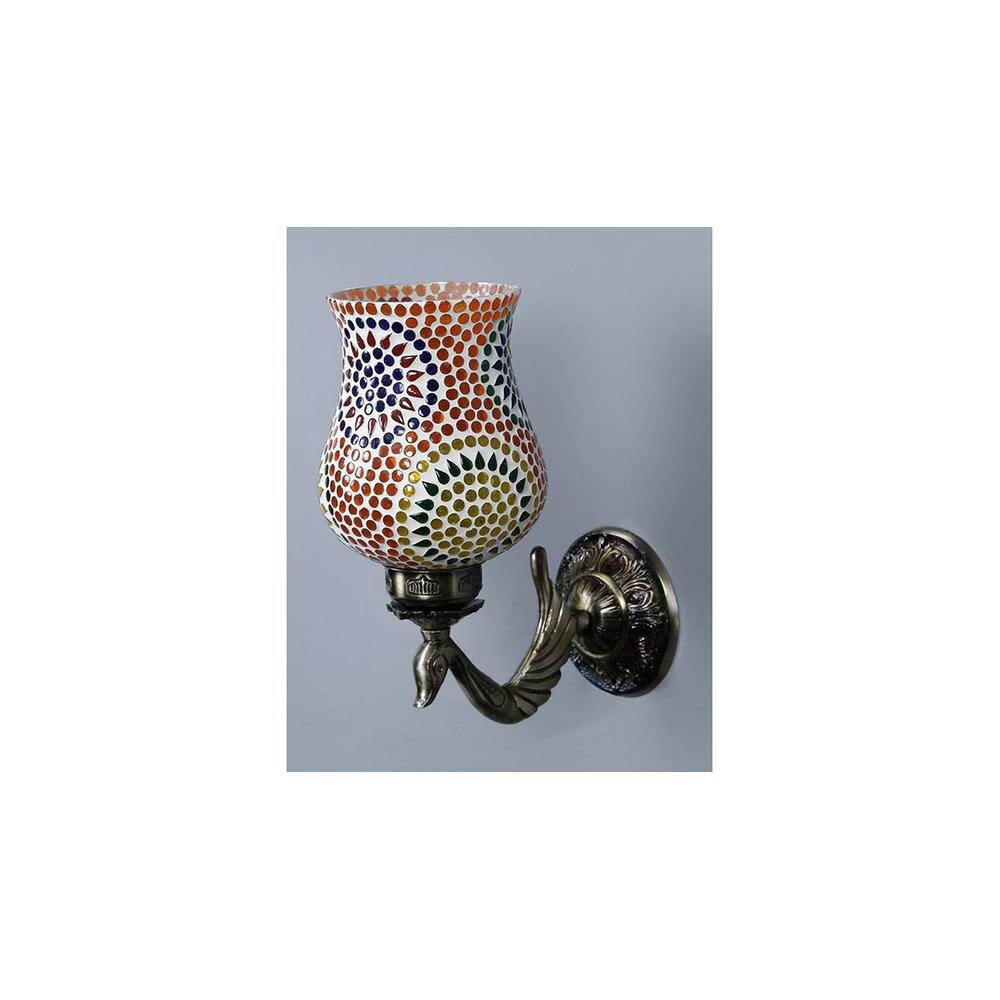 Banjo Antique Metal Peacock Wall Lamp with Multicolor Mosaic Glass