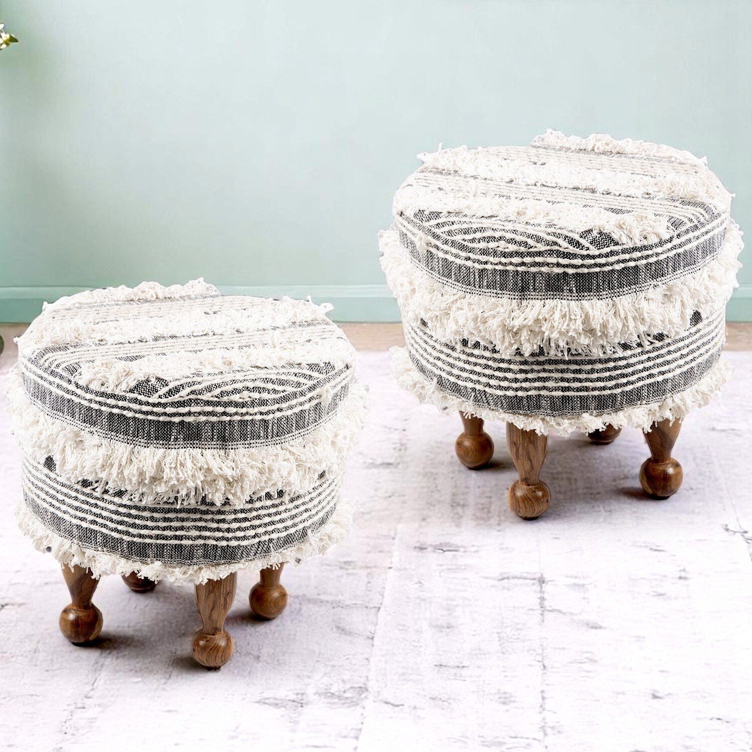 Louisville Acacia Wood Mid Century Round Set of 2 Pouf Stools in Grey Fabric