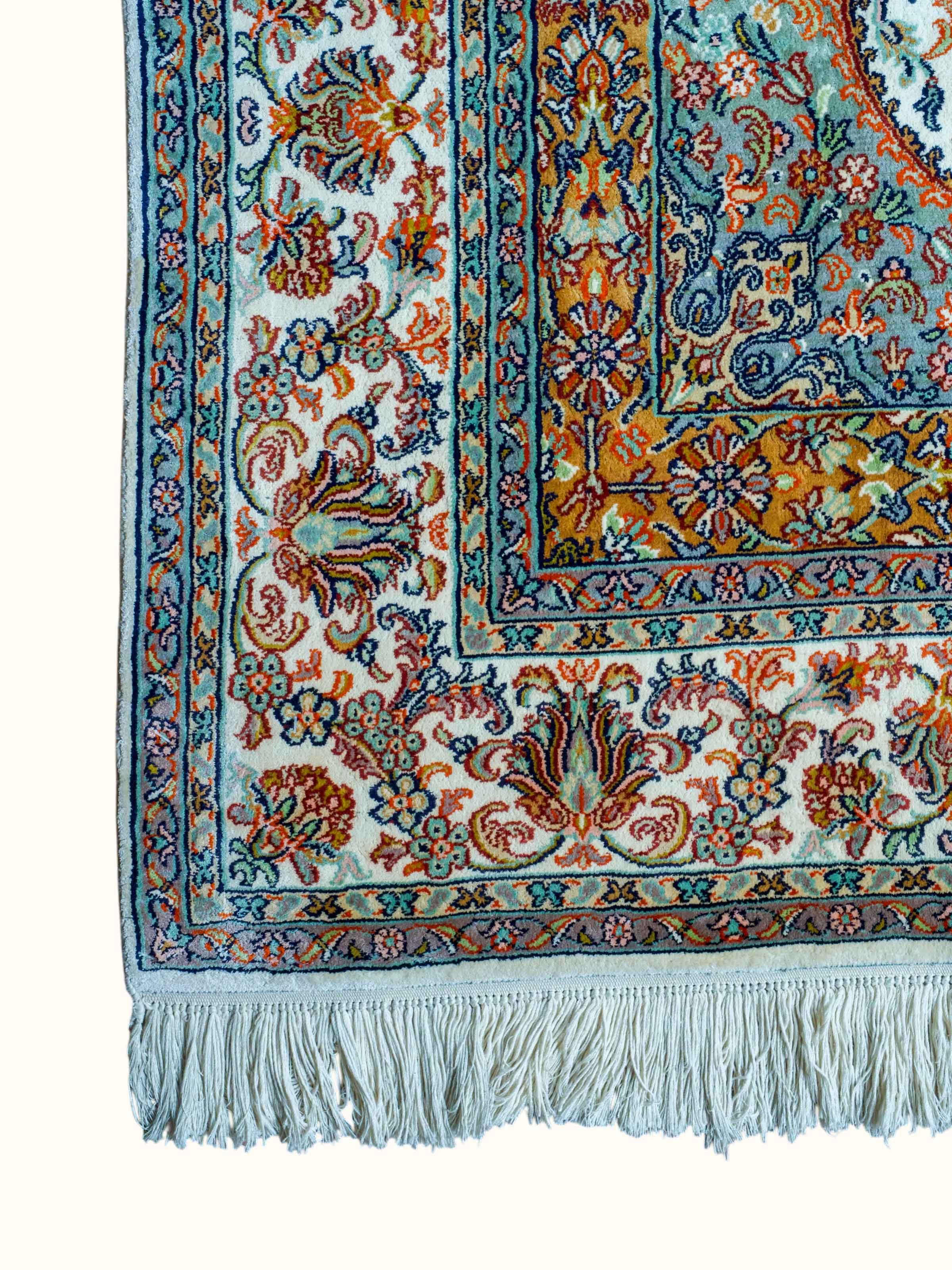 Traditional Persian Ivory Blue Kerman Kashmir Silk Hand-Knotted Carpet