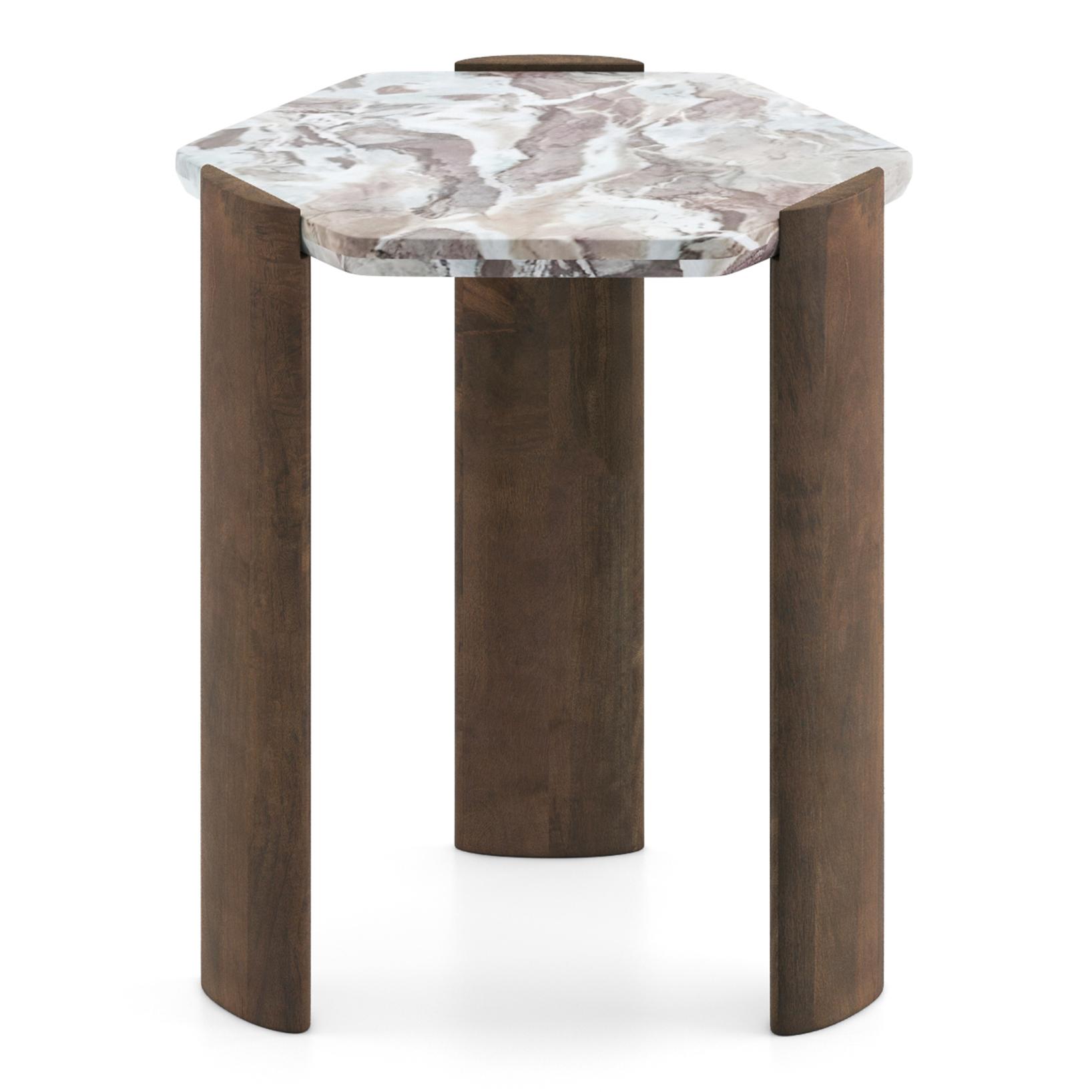 Kanso Hexagon Toronto Marble and Solid Wood Side Table in Danish Walnut Finish
