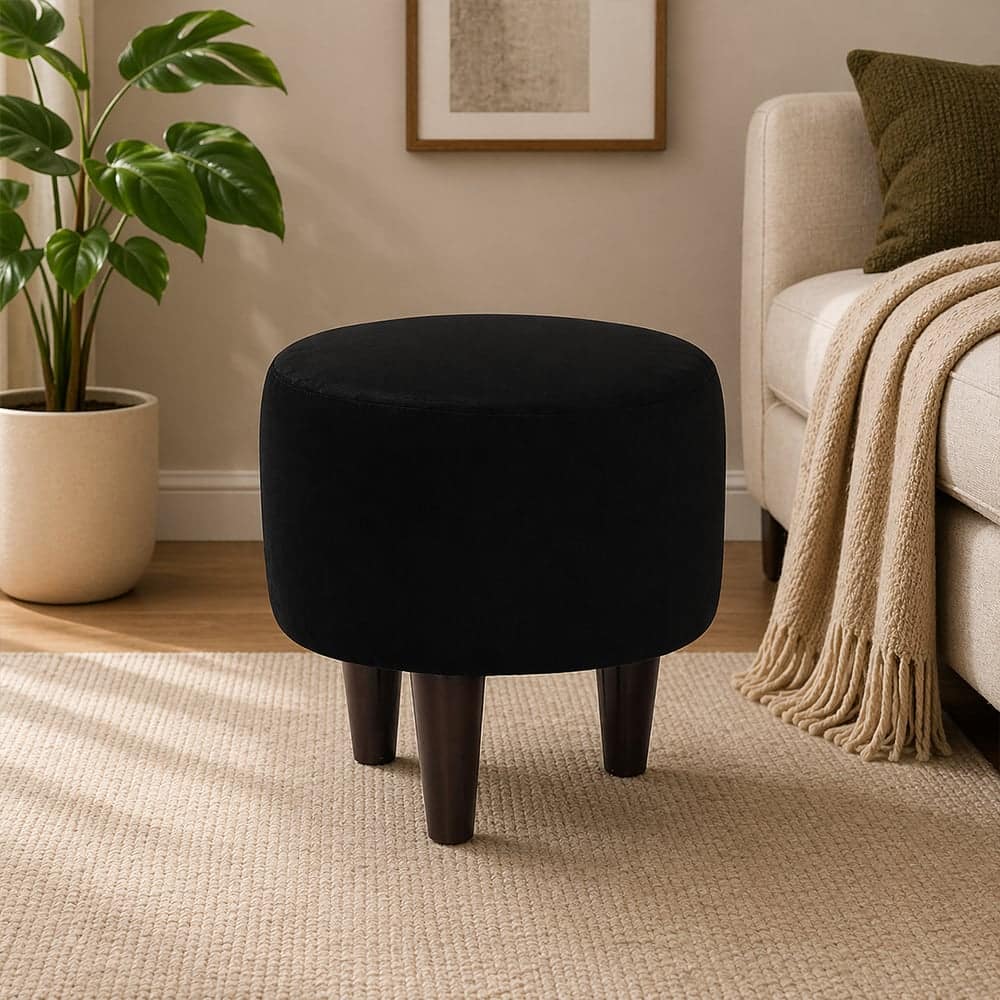 Doe Buck Velvet Round Ottoman Stool in Black Colour with Wooden Legs - Doe Buck