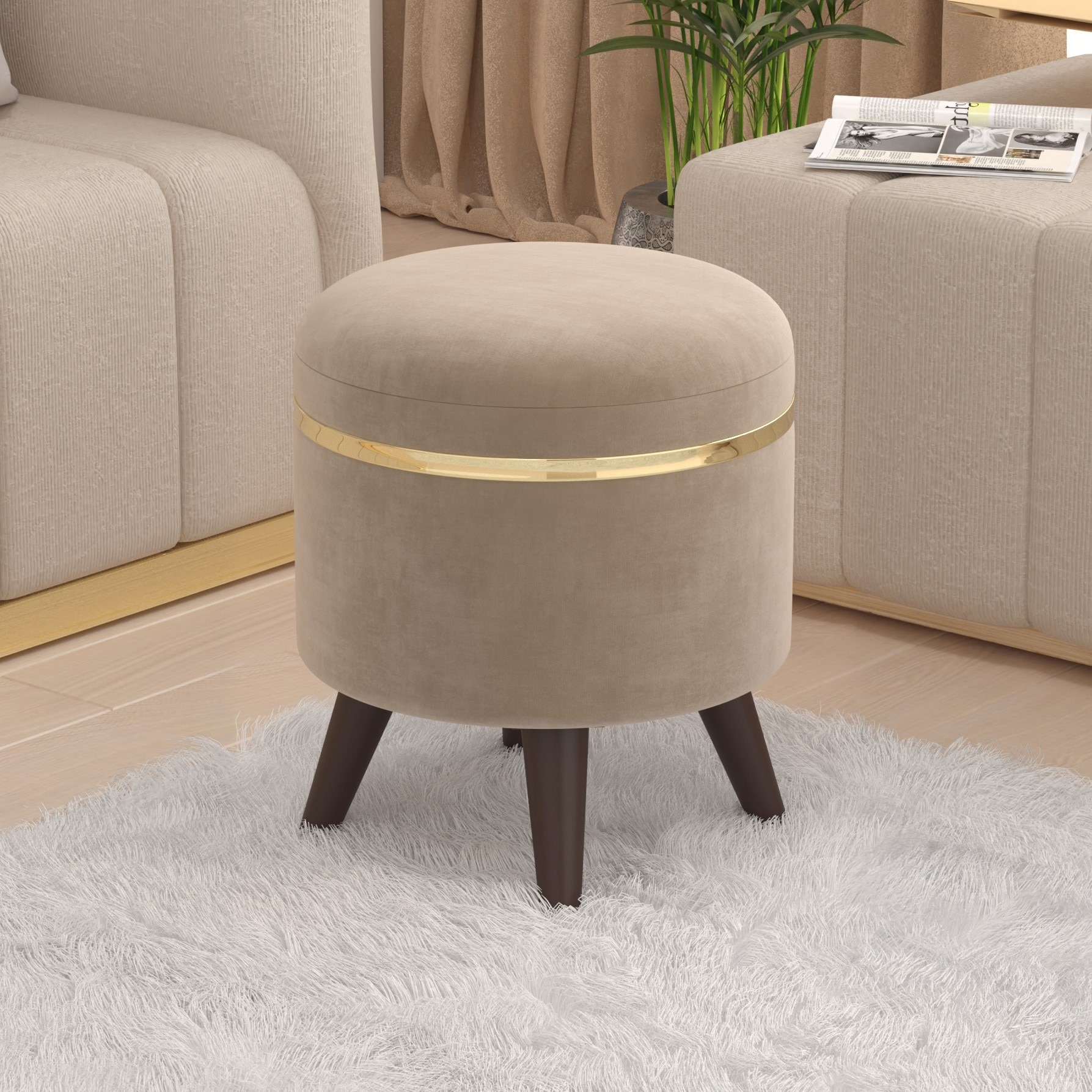 Noah Round Engineered Wood Multipurpose Ottoman in Off White Colour