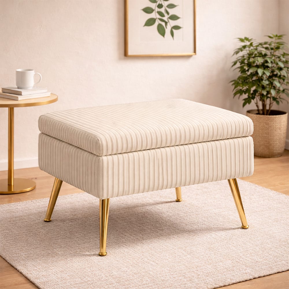 Doe Buck Ribbed Velvet Ottoman Stool in Beige Colour with Gold Metal Legs - Doe Buck