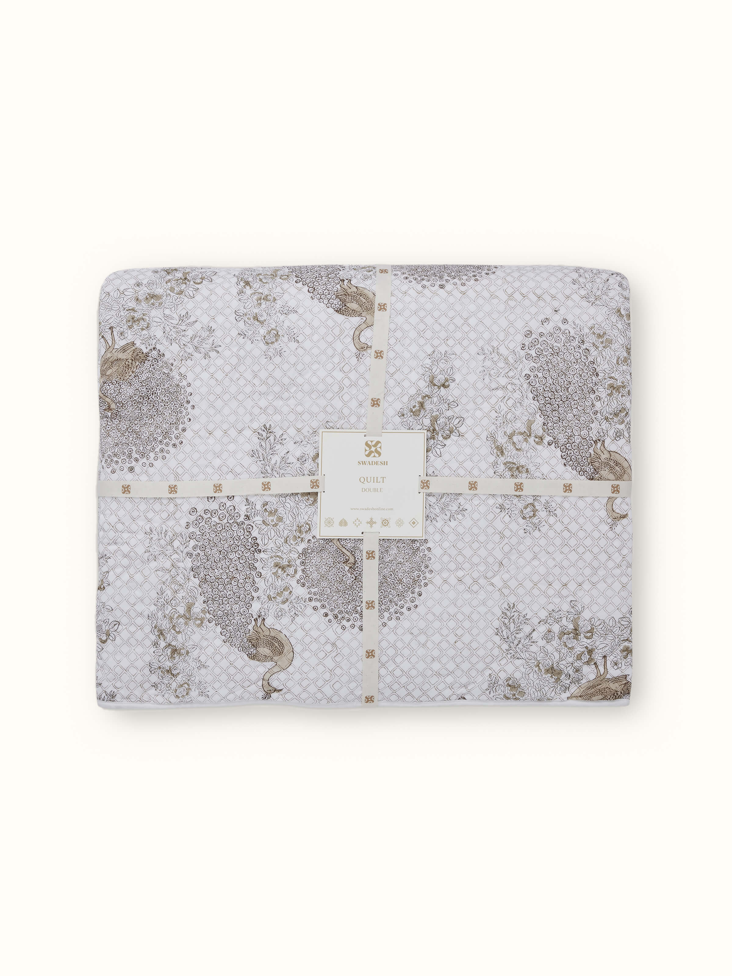 Detailed design of Shivranjini beige floral cotton Sanganeri block printed double quilt