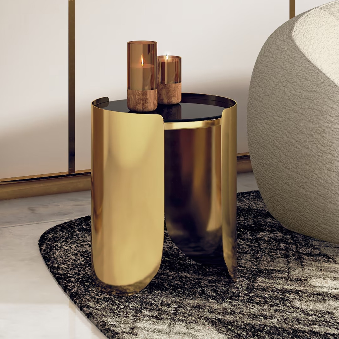 Belle Round Black Mirror and Metal Side Table in Gold finish