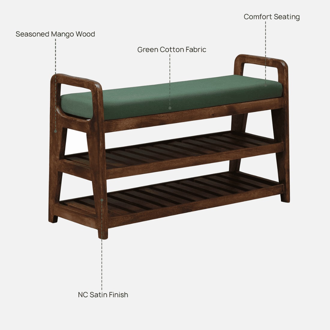 Halden Solid Wood Shoe Rack with Seating in Walnut Brown finish