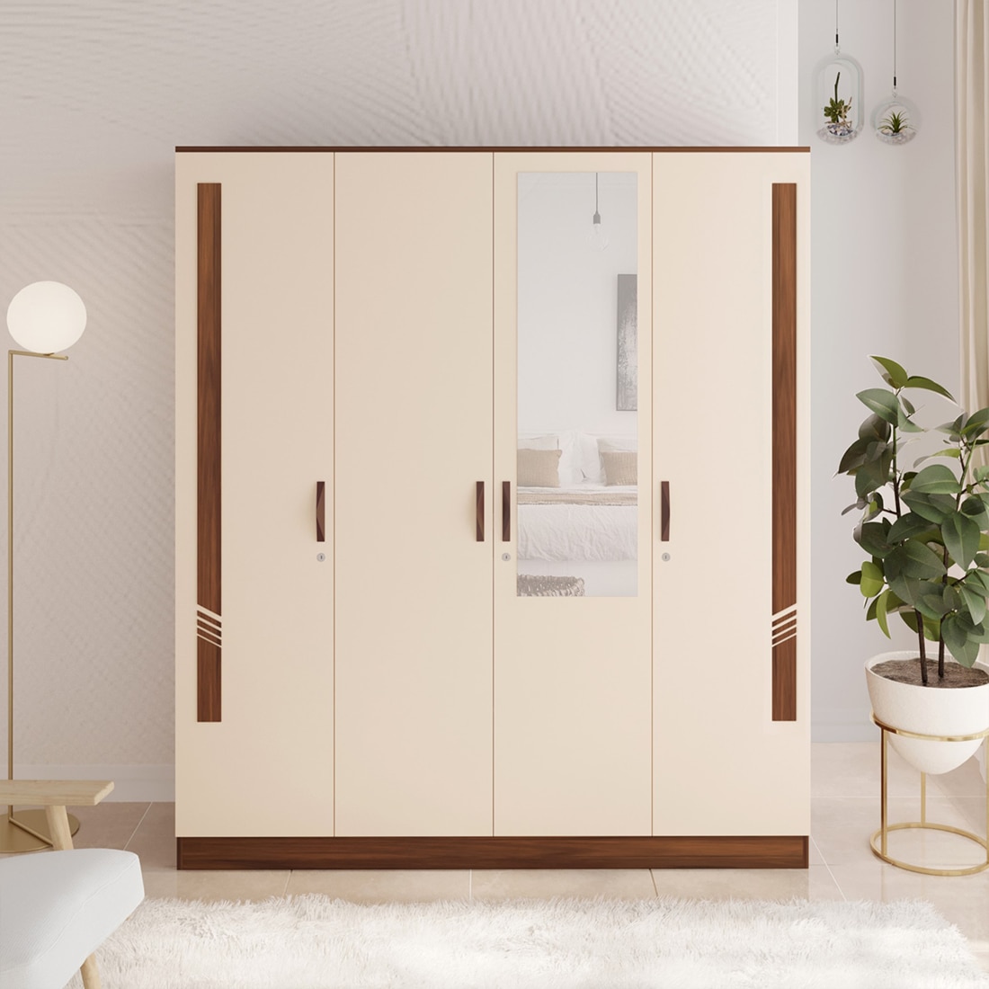 BLUEWUD Andrie Engineered Wood 4 Door Wardrobe/Clothes Storage Rack Organizer Almirah Cupboard with Hanger Rod Drawers and Shelves for Bedroom Home Furniture (with Mirror, Brown Maple & Beige)