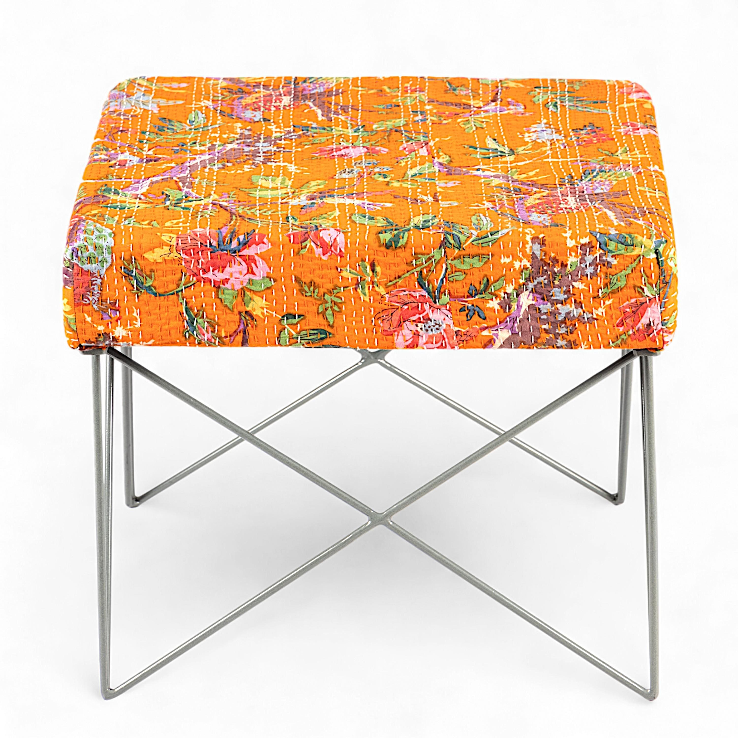 Asansol Sheesham Wood Mid Century Square Stool     in Bird Print Orange Kantha Upholstery