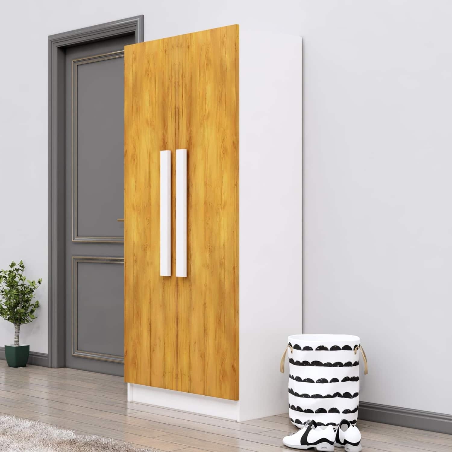 Hexa Red Wooden 2 Door Wardrobe with 4 Shelves in Frosty White and Giant Wood Colour - HexaRed