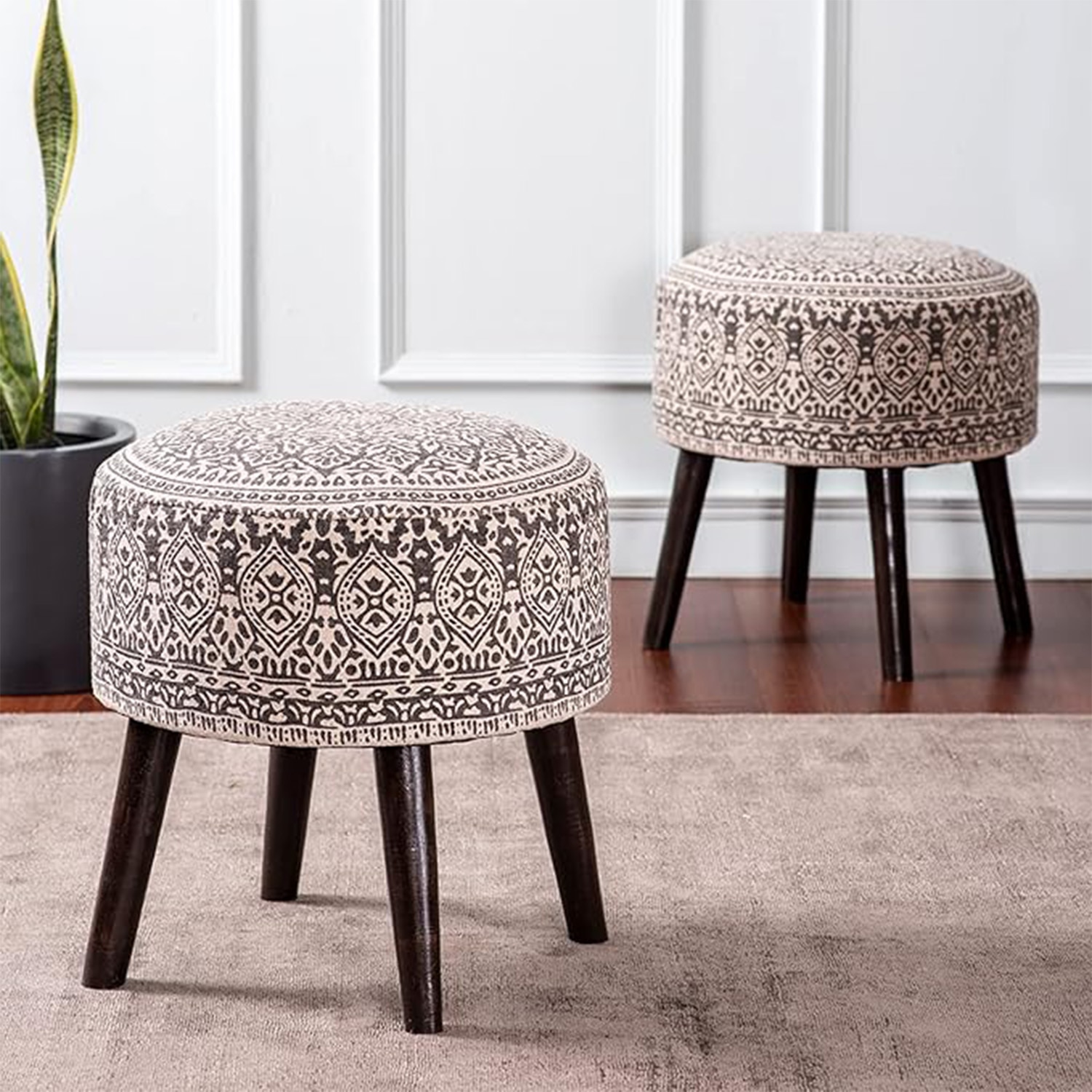 Botanic Fabric Wooden Ottoman in Grey Color Set of 2 - Nestroots