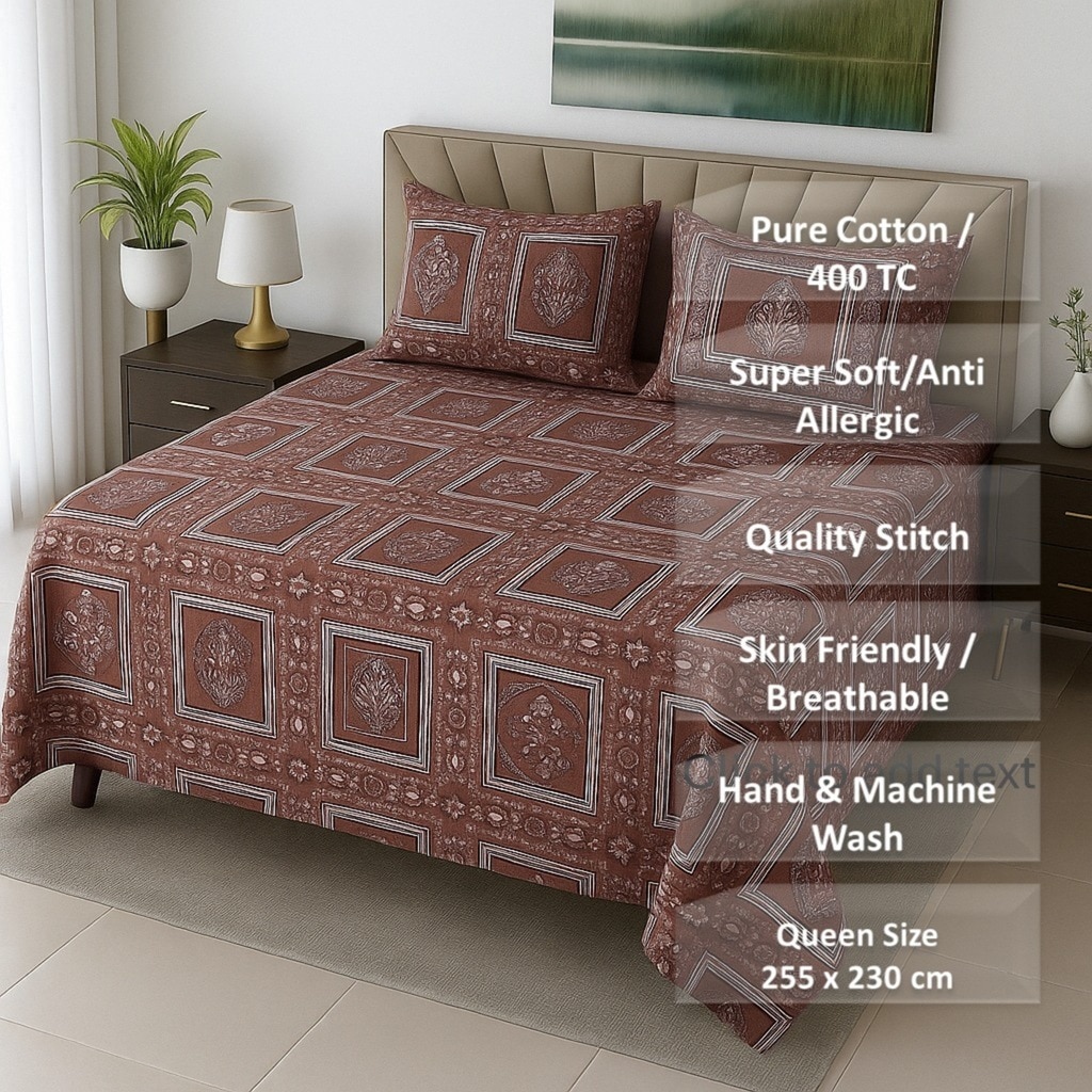 Carrot Floral 400 TC Cotton Flat Queen Size Bedsheet With 2 Pillow Covers From Threads