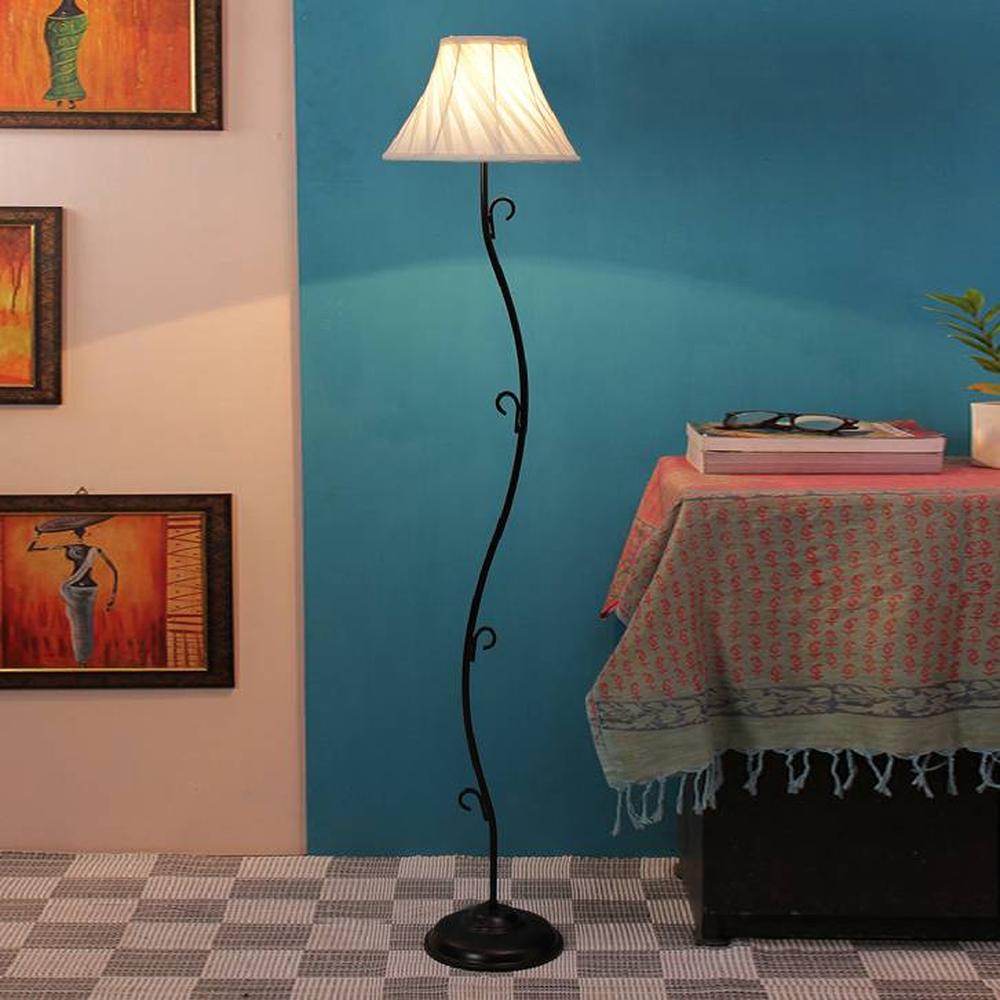 Ezra Off White Fabric Floor Lamp with Black Iron Base - Devansh