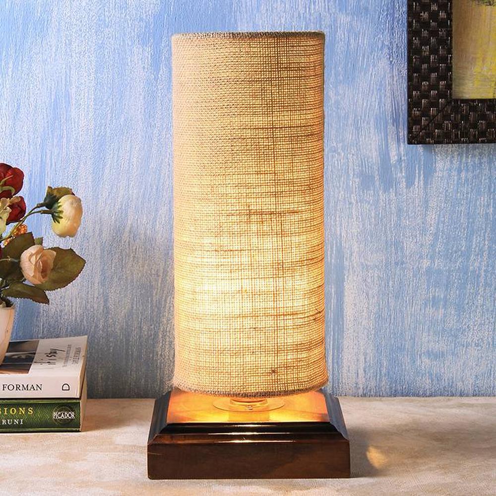 Elger Beige Natural Fiber Shade Table Lamp with Brown Wooden Base