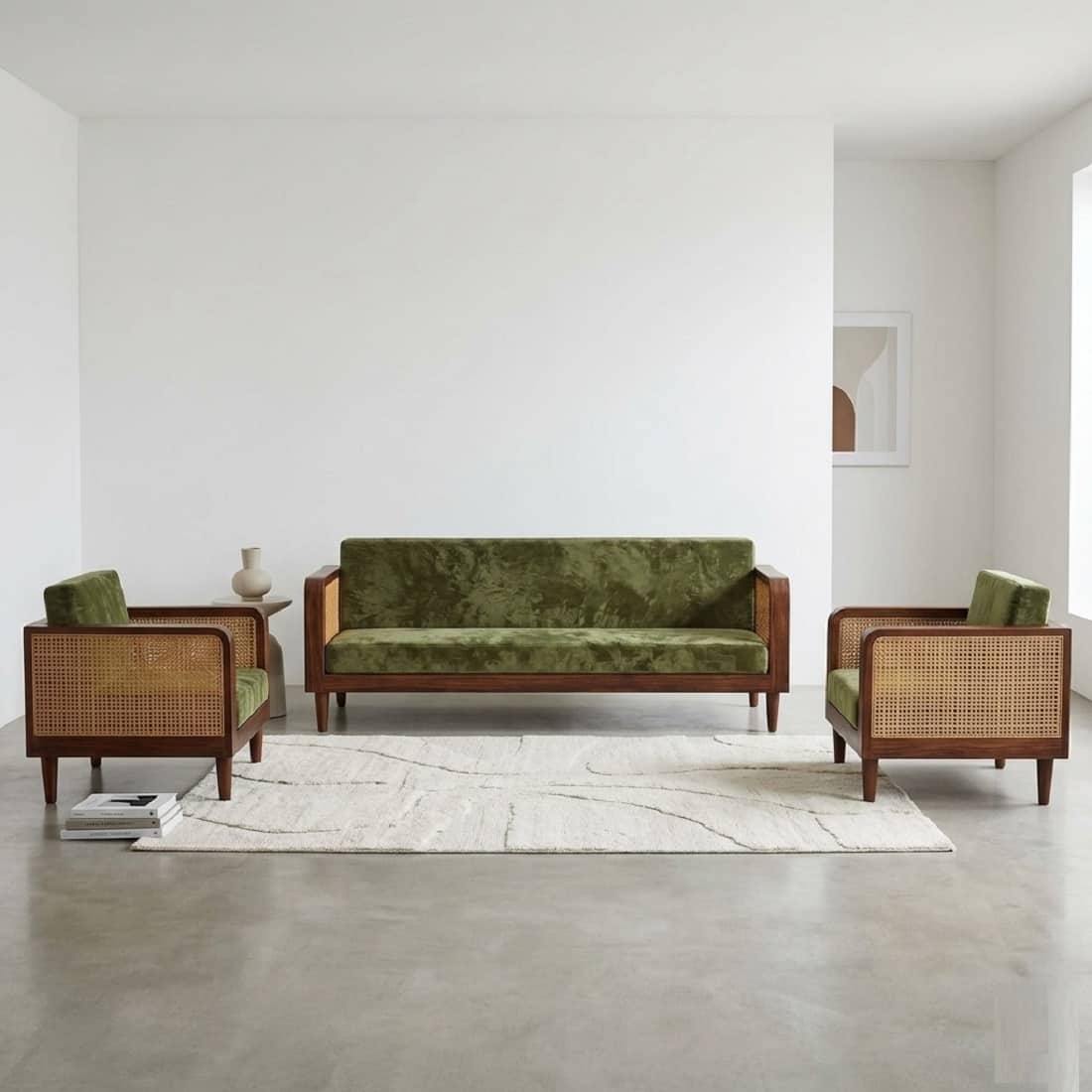 Padam Solid Wood 5 Seater Rattan Designed Sofa Set In Teak Finish - Demiwall
