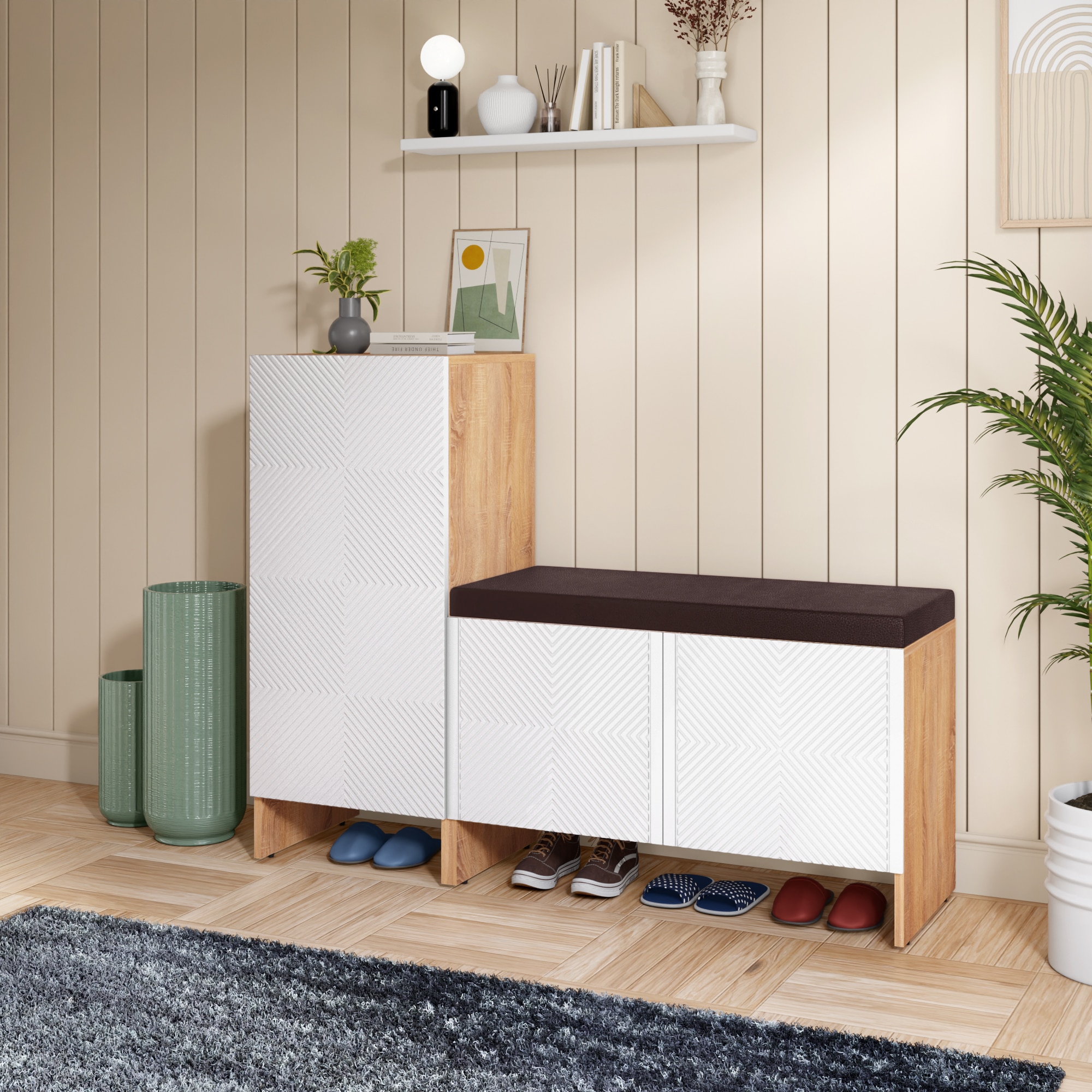 Trudo Modular Shoe Cabinet Combo with 12 Pair Seat Cabinet & 10 Pair Cabinet – Spacious Modular Shoe Organizer - Alex Daisy