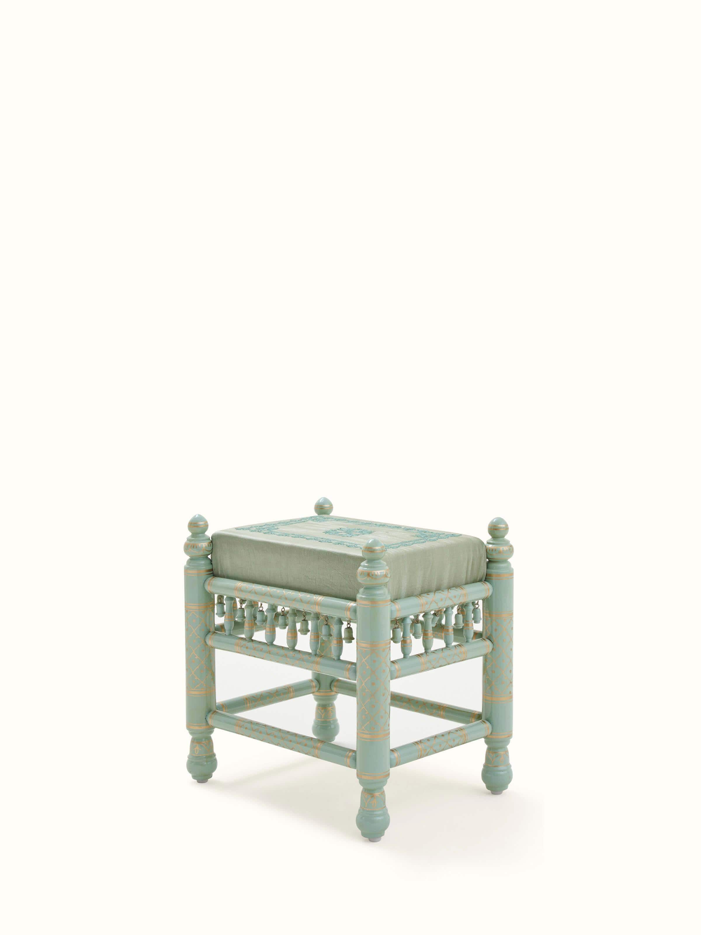 Top view of Upholstered Teak Wood Sankheda Square Stool emphasizing the fabric and design