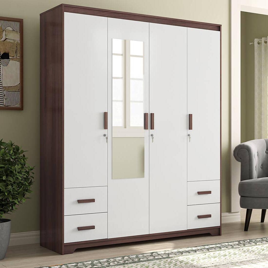 Miller Engineered Wood 4 Door Wardrobe With Mirror in Two Tone Finish
