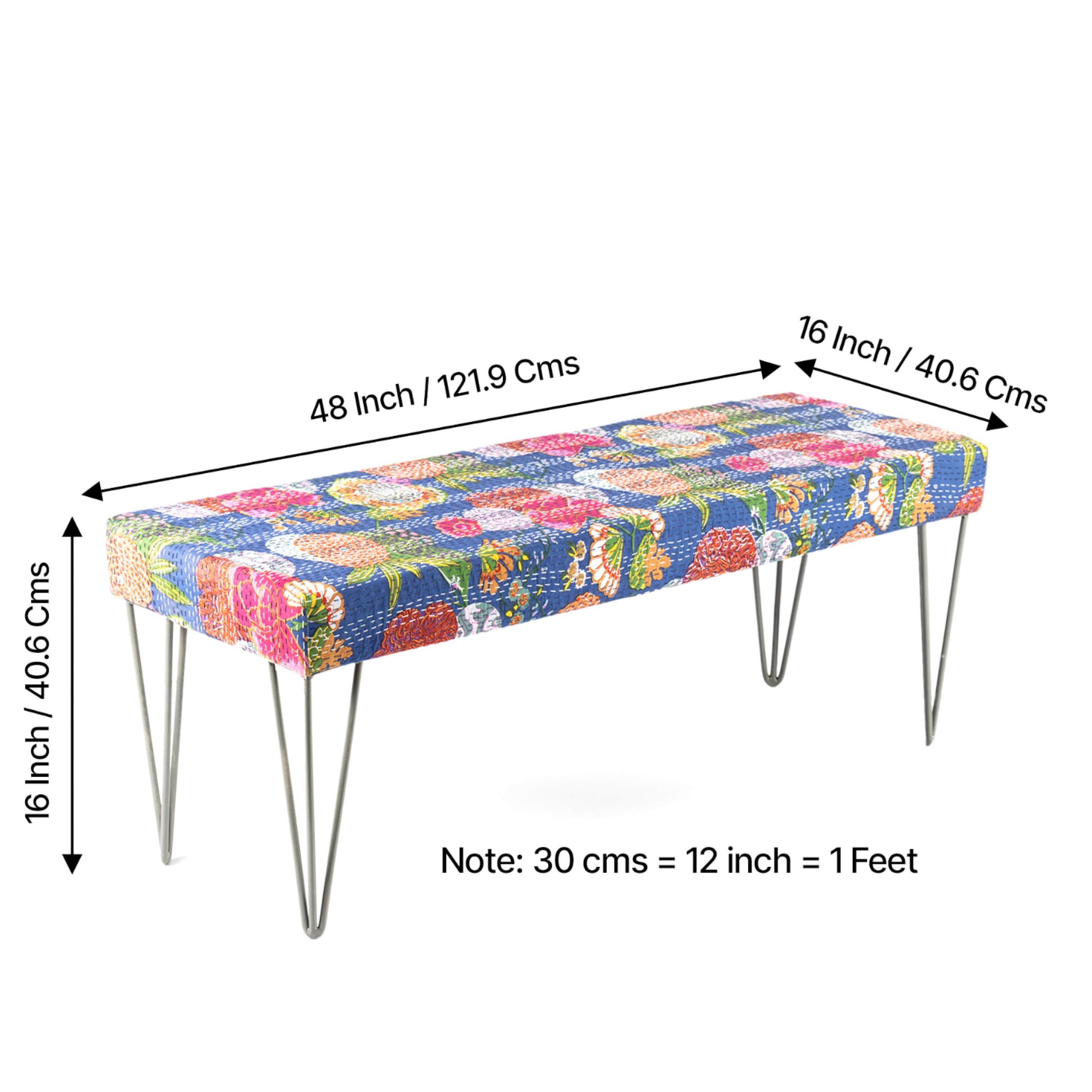 Belmont Sheesham Wood Mid Century 3 Seater Bench With Metal Legs In Fruit Print