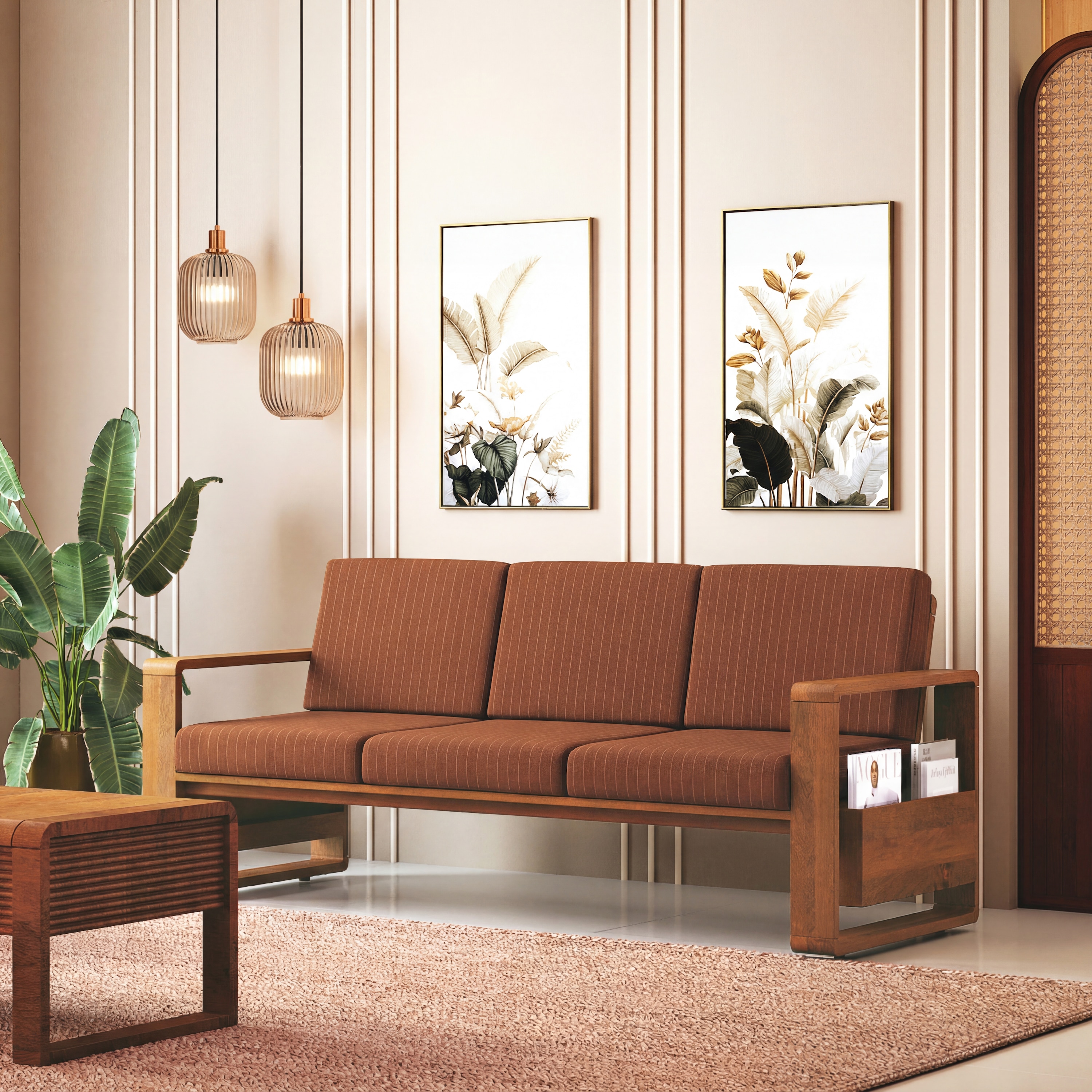 urban ladder Moreno 3 Seater Solid Wood Sofa in Amber Walnut Finish and Terracotta Stripe Fabric-picture-36