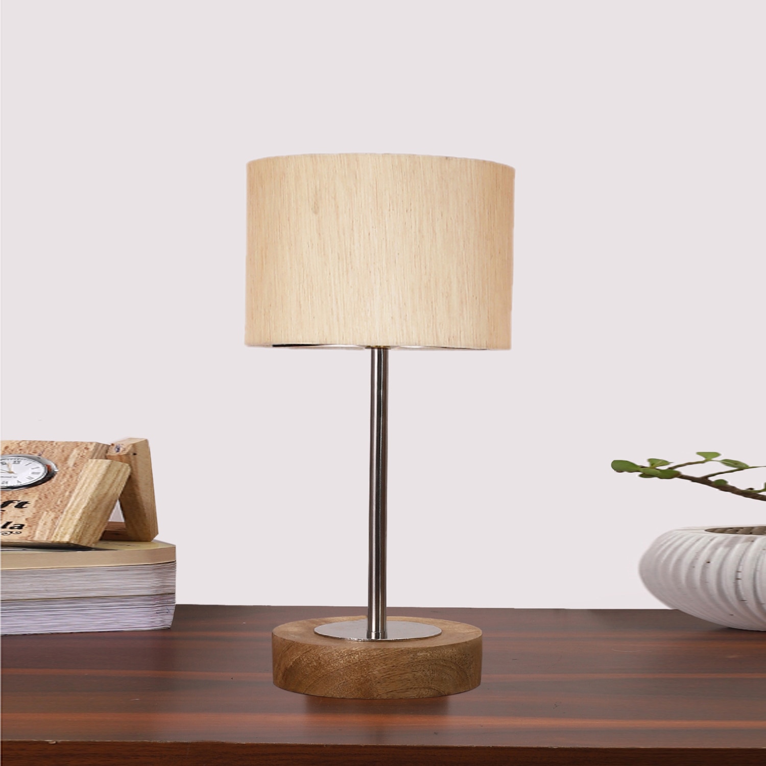 Devansh Off White Cotton Table Lamp With  Natural  Wood Base  & Steel Pipe  (7X17 Inches)-2