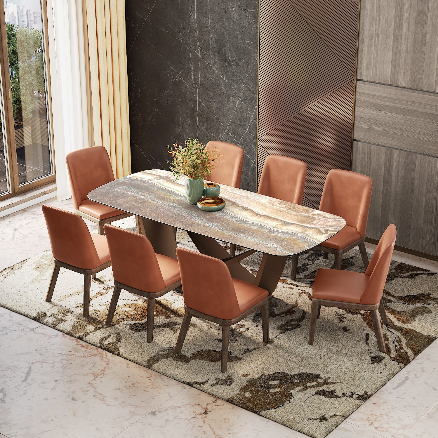 Paloma Engineered Wood 8 Seater Dining Table With Anderson Dining Chairs in Tan Leatherette Colour