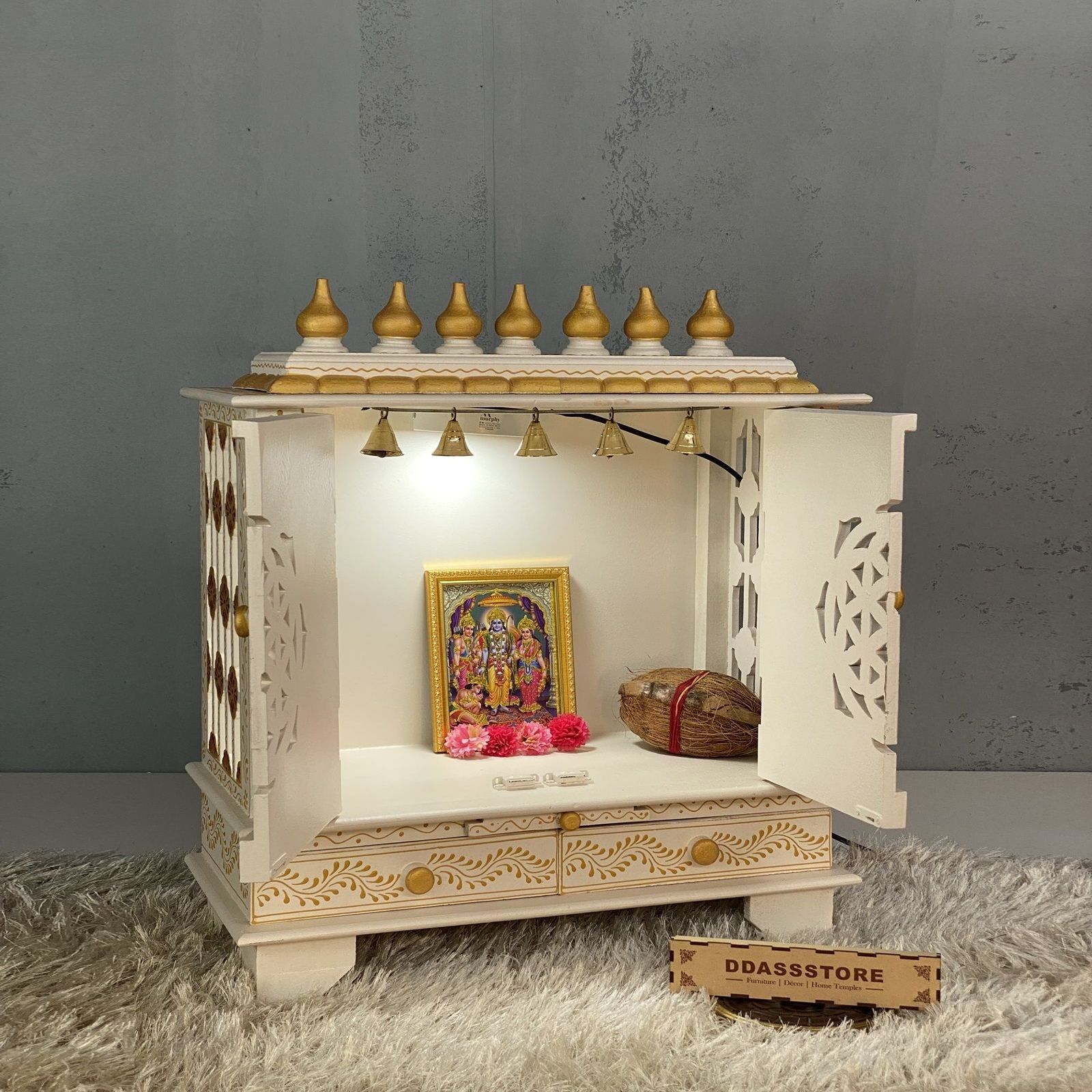 D'Dass White Mdf and Sheesham Wooden Temple For Pooja - D'DASS