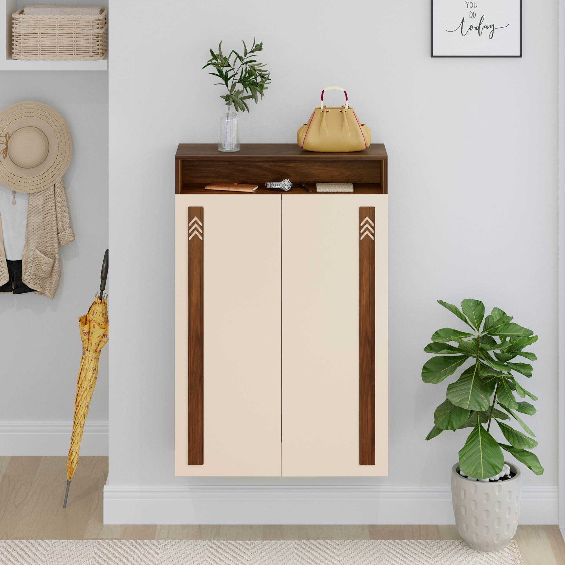 BLUEWUD Whartin Engineered Wood Dual Tone 2 Doors Wall Mounted Shoe Rack Cabinet Slipper Footwear Stand Organizer can Store Up to 16 Pairs for Home (Brown Maple & Beige)