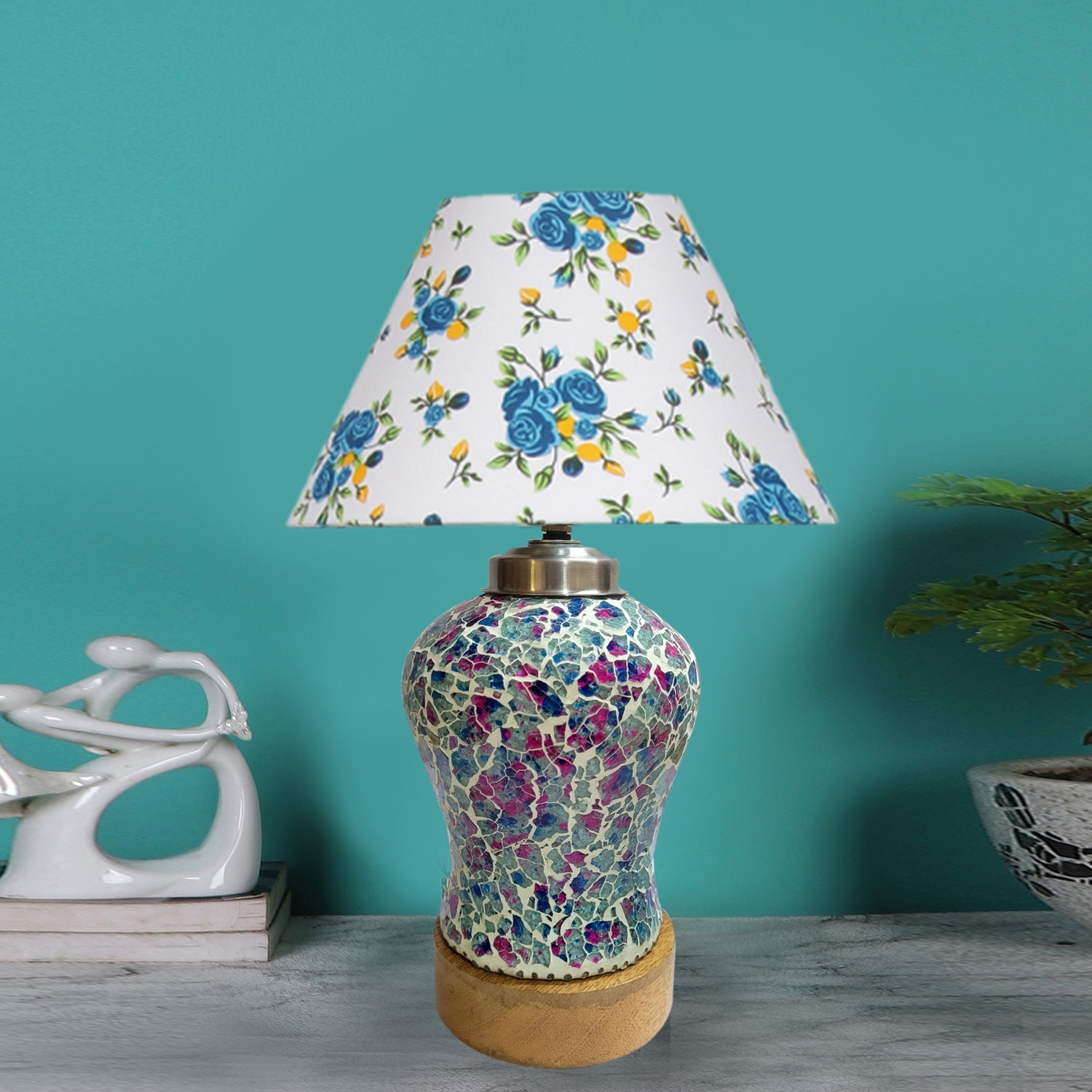 Devansh Conical Multicolor  Cotton Shade  Lamp With  Wood & Mosaicglass Base For Decoration /Office/Home/Gifting/Study For Decoration /Office/Home/Gifting/Study -(10X10X14.5) Inches -