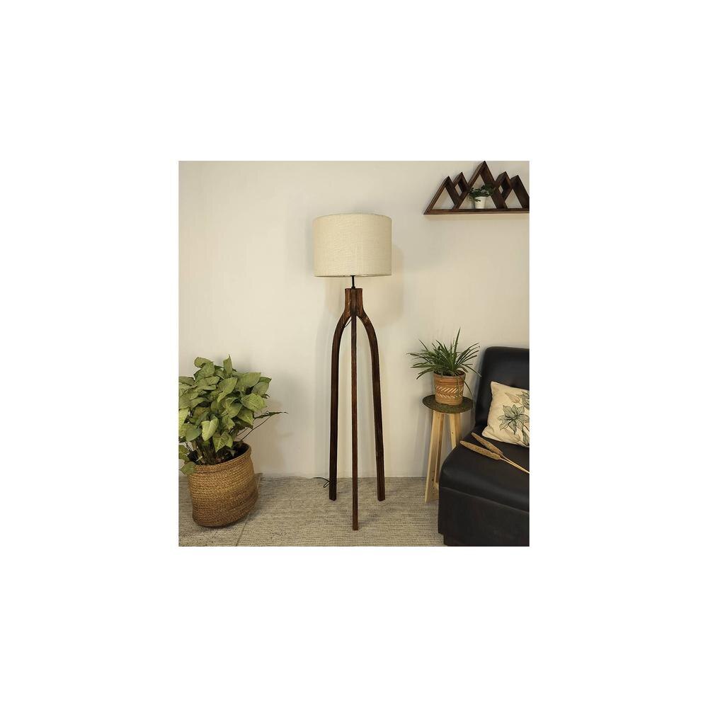 Trilogy Wooden Floor Lamp with Brown Base and Jute Fabric Lampshade