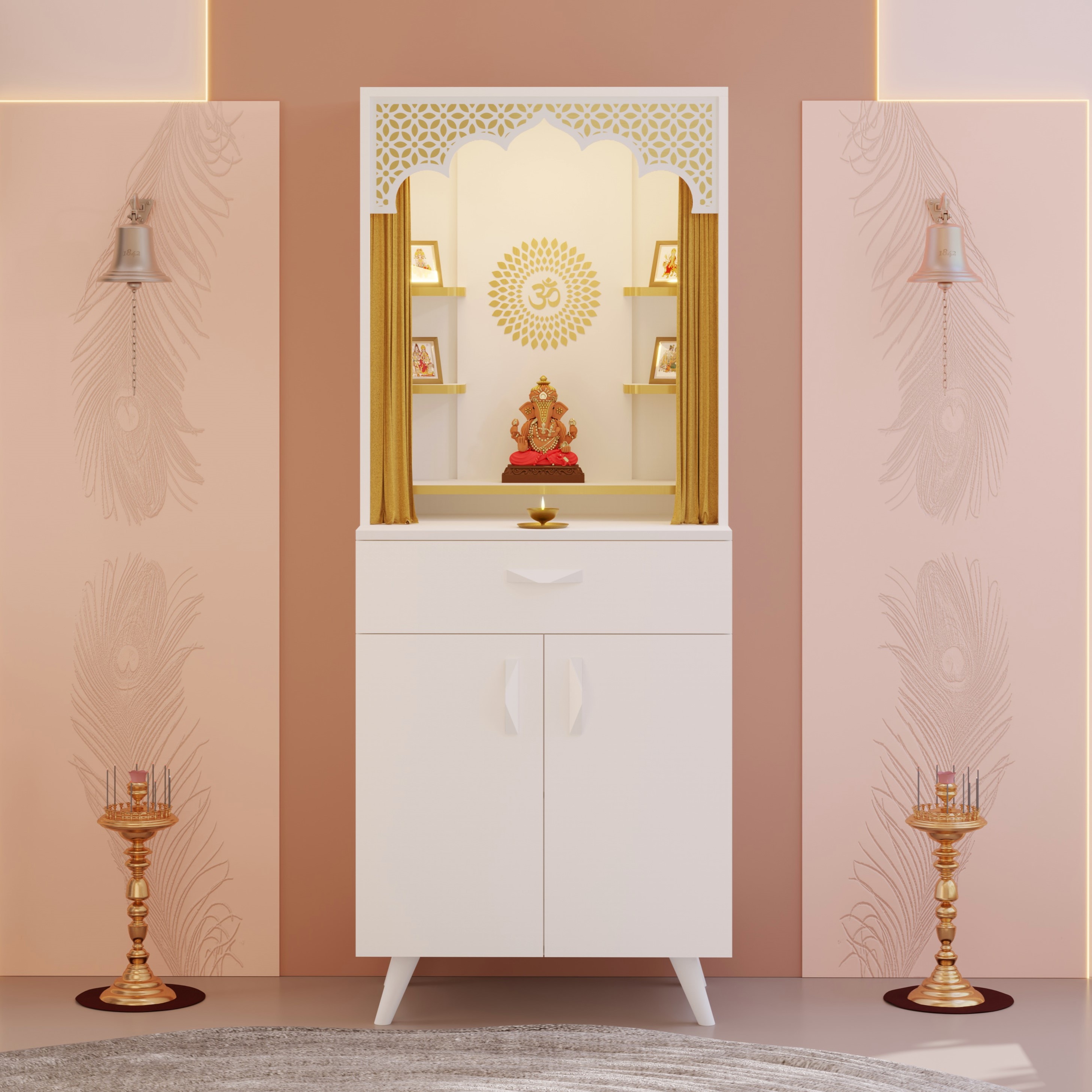 BLUEWUD Sharnam Mandir, Big Size Temple for Home with Storage Cabinet, Pooja Stand, Mandir with Doors, Drawer & Golden Curtain, Floor Standing Puja Room Altar for Living Room (DIY - White)