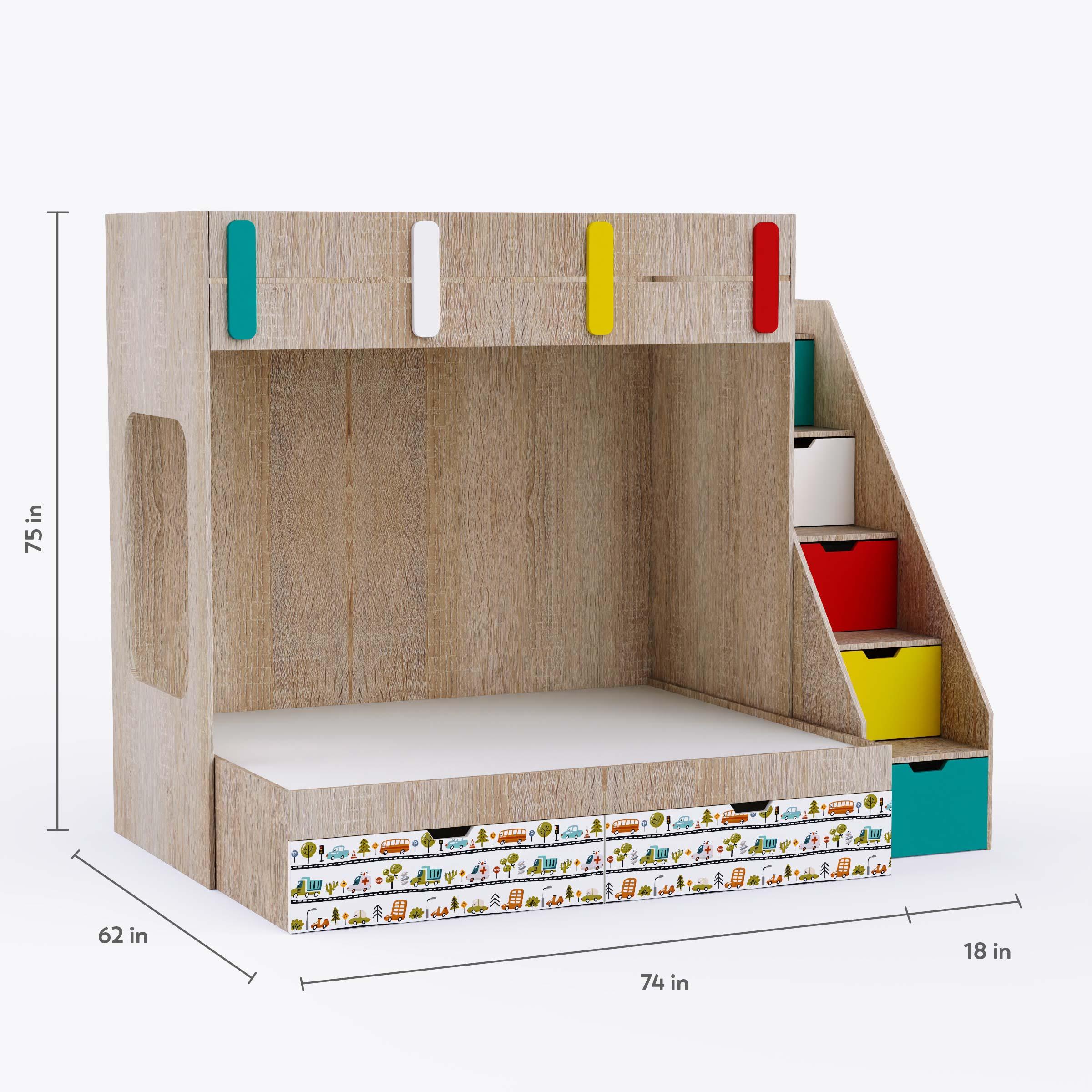 Pattern Dreams Bunk Bed  6X5 (Drawers On Wheels) In Oak & red Colour