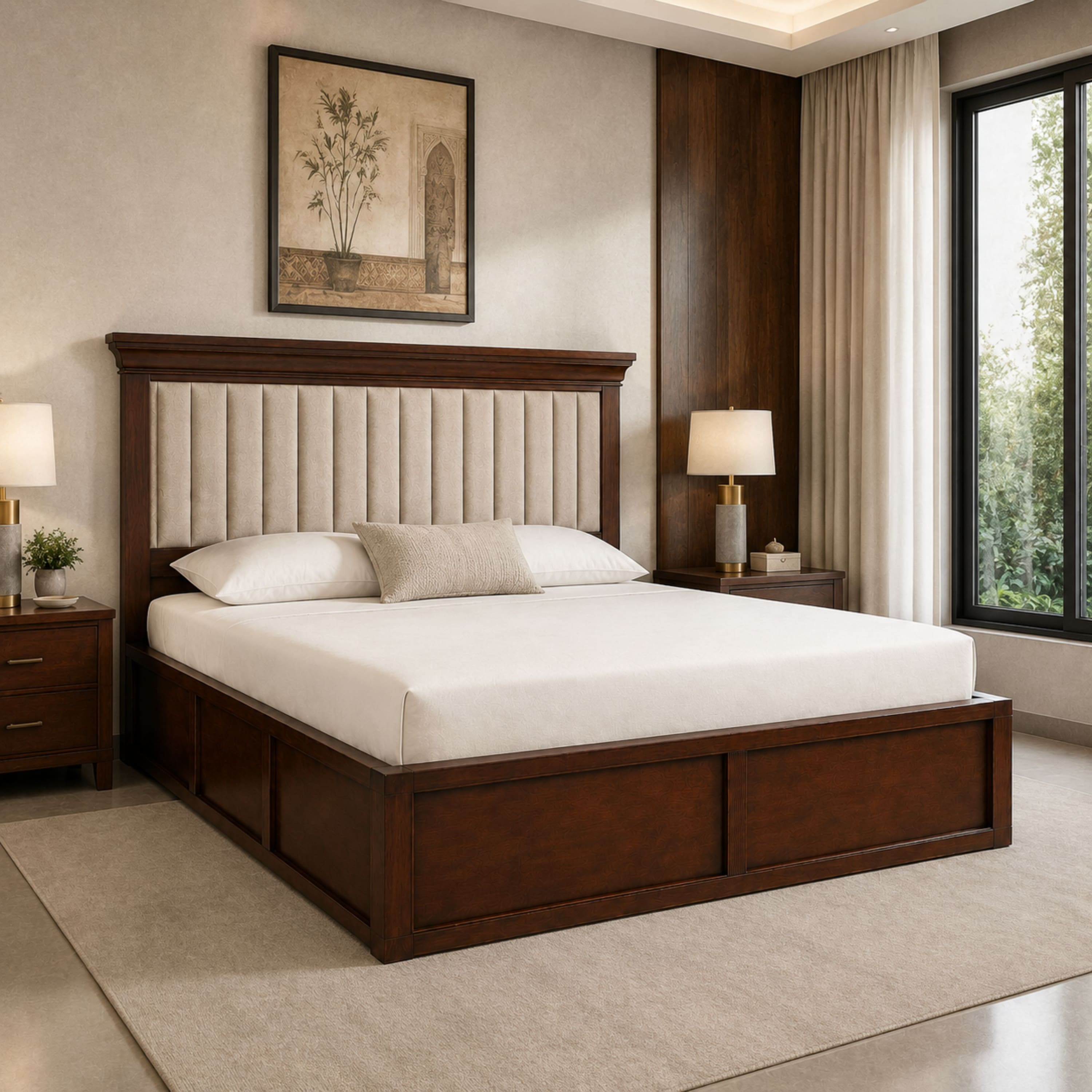 Leher Solid Wood Comfort Queen Bed Box Storage Provincial Teak Finish Mattress 60 x 78 Inches