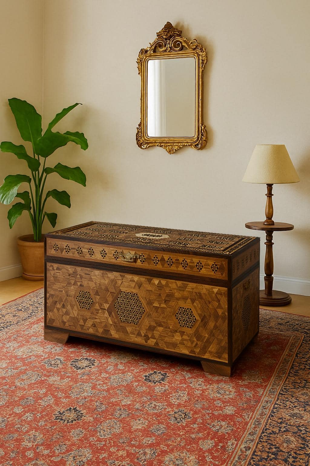 Teak Wood Marquetry Trunk