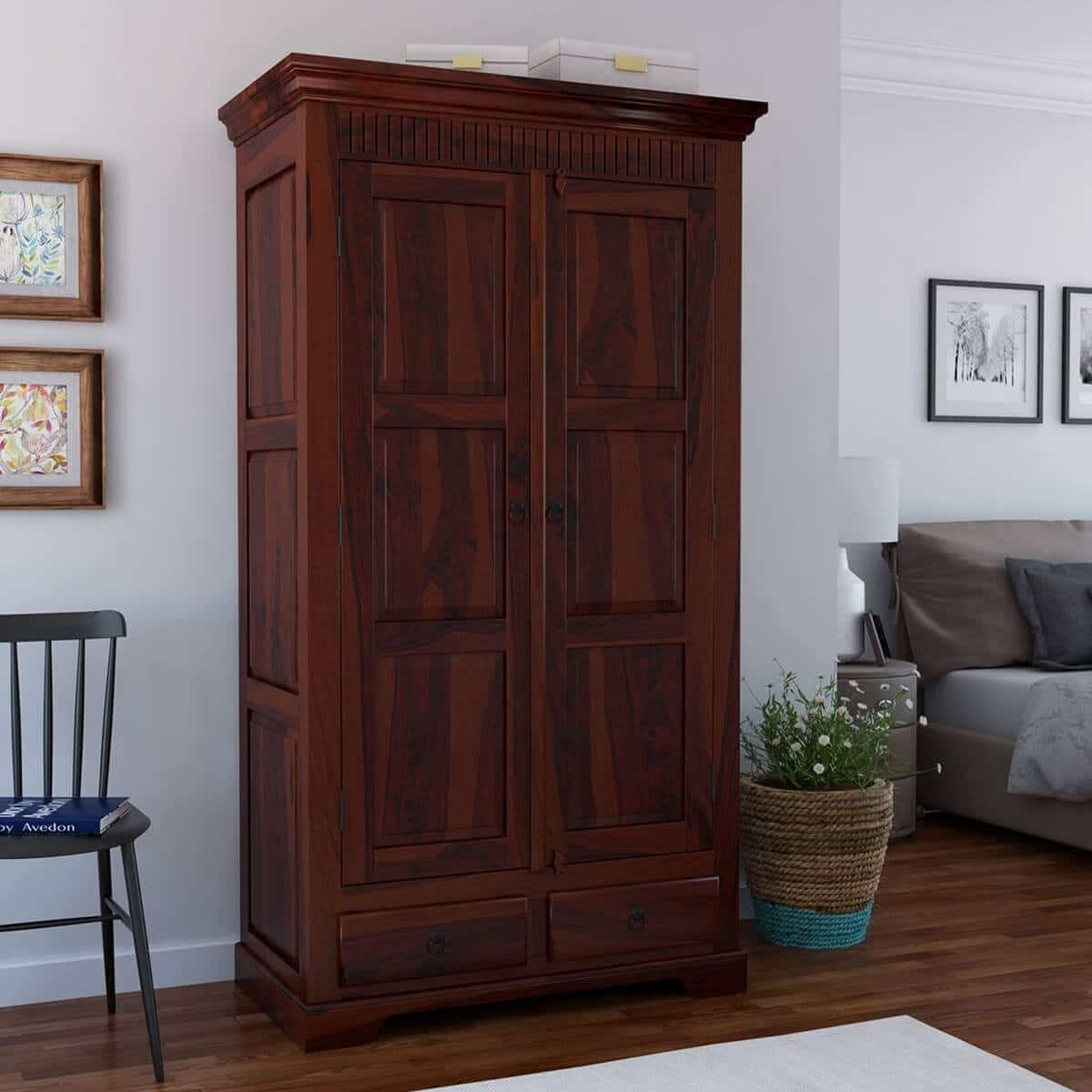 Parker 2 Door 2 Drawer Sheesham Wood Wardrobe in dark Honey Oak Finish